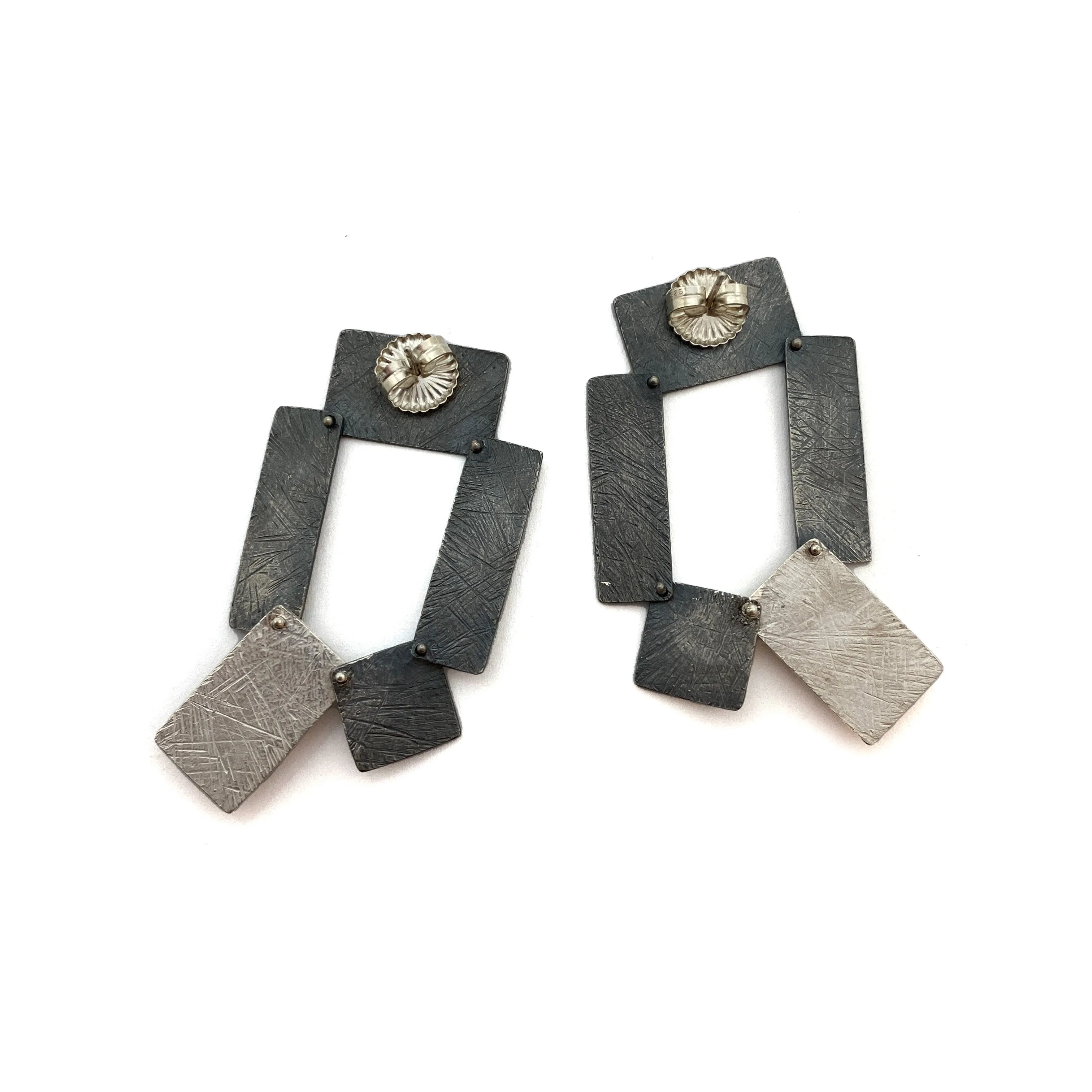 Carved Tab Link Earrings - Oxidized