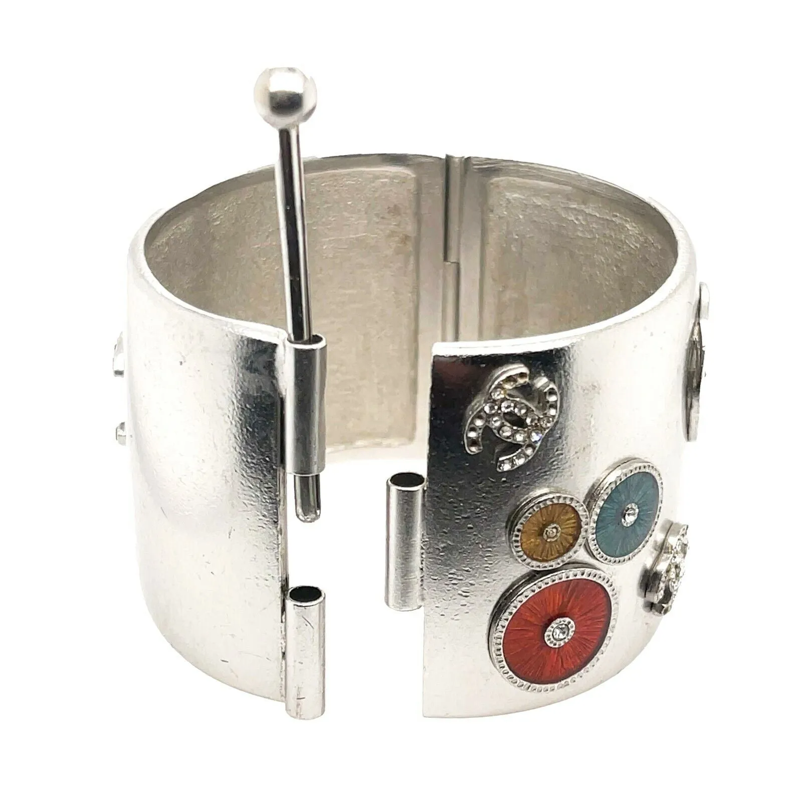 CHANEL - 02C Millennium Silvered Cuff - Enamel Multicolor Circles - CC Logo - OS