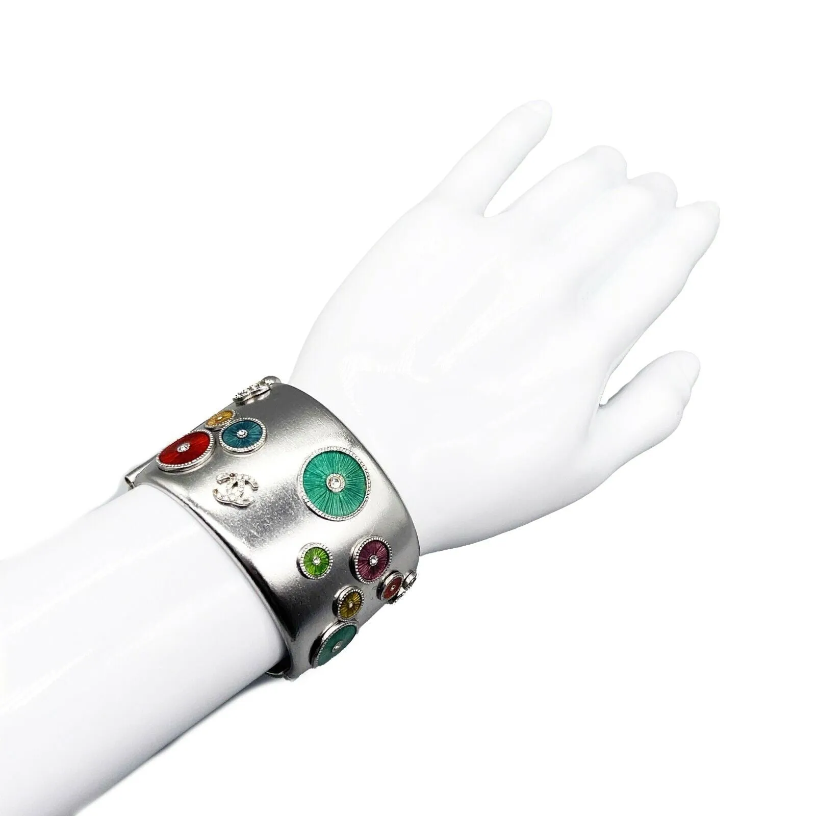 CHANEL - 02C Millennium Silvered Cuff - Enamel Multicolor Circles - CC Logo - OS