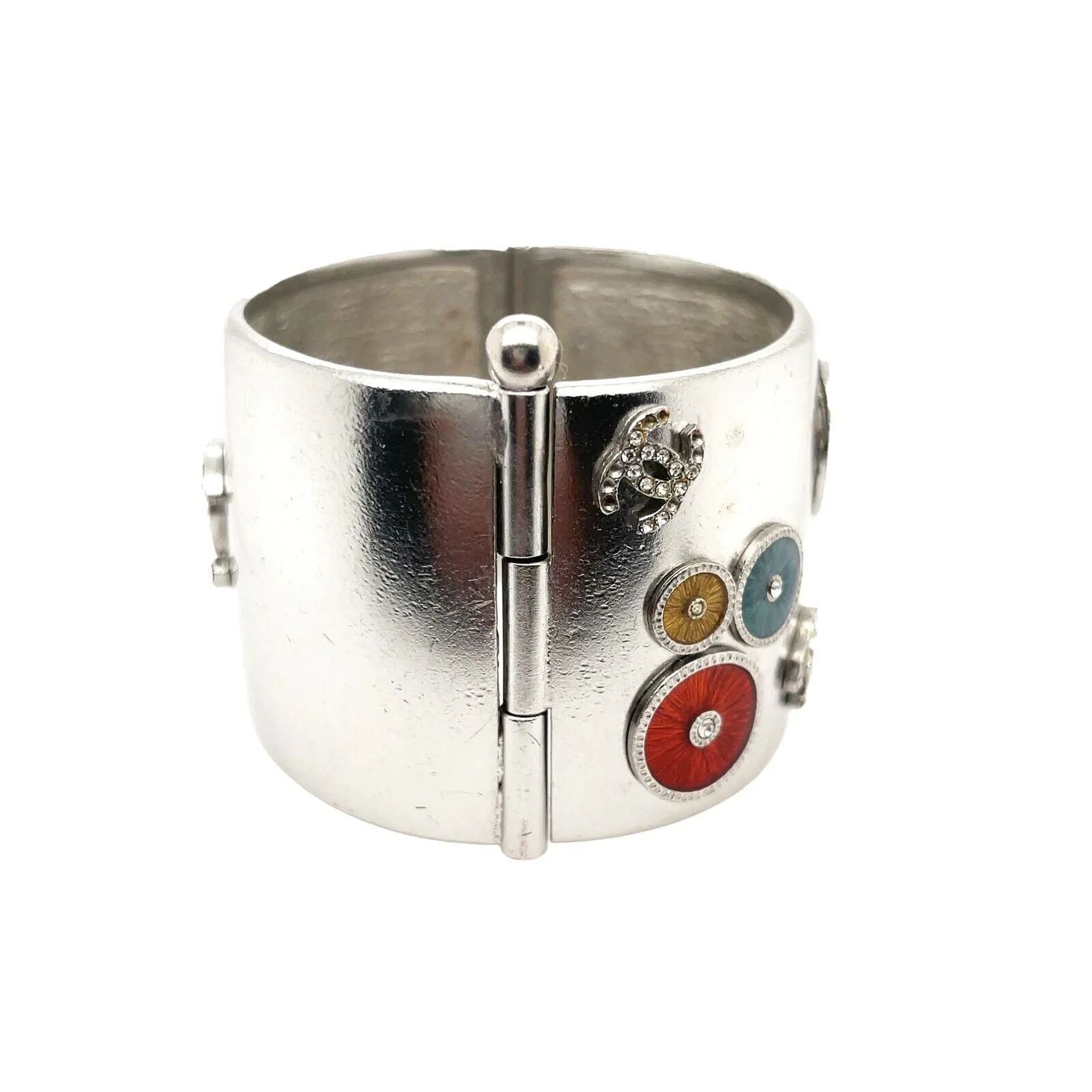 CHANEL - 02C Millennium Silvered Cuff - Enamel Multicolor Circles - CC Logo - OS