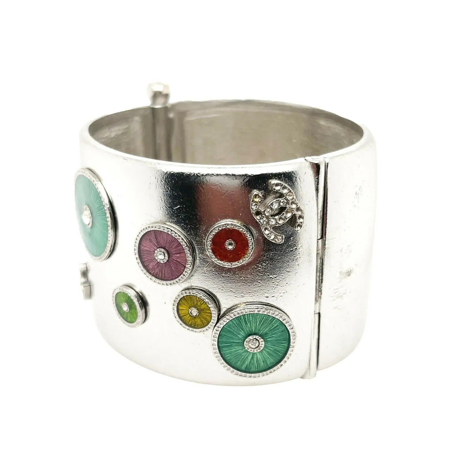 CHANEL - 02C Millennium Silvered Cuff - Enamel Multicolor Circles - CC Logo - OS