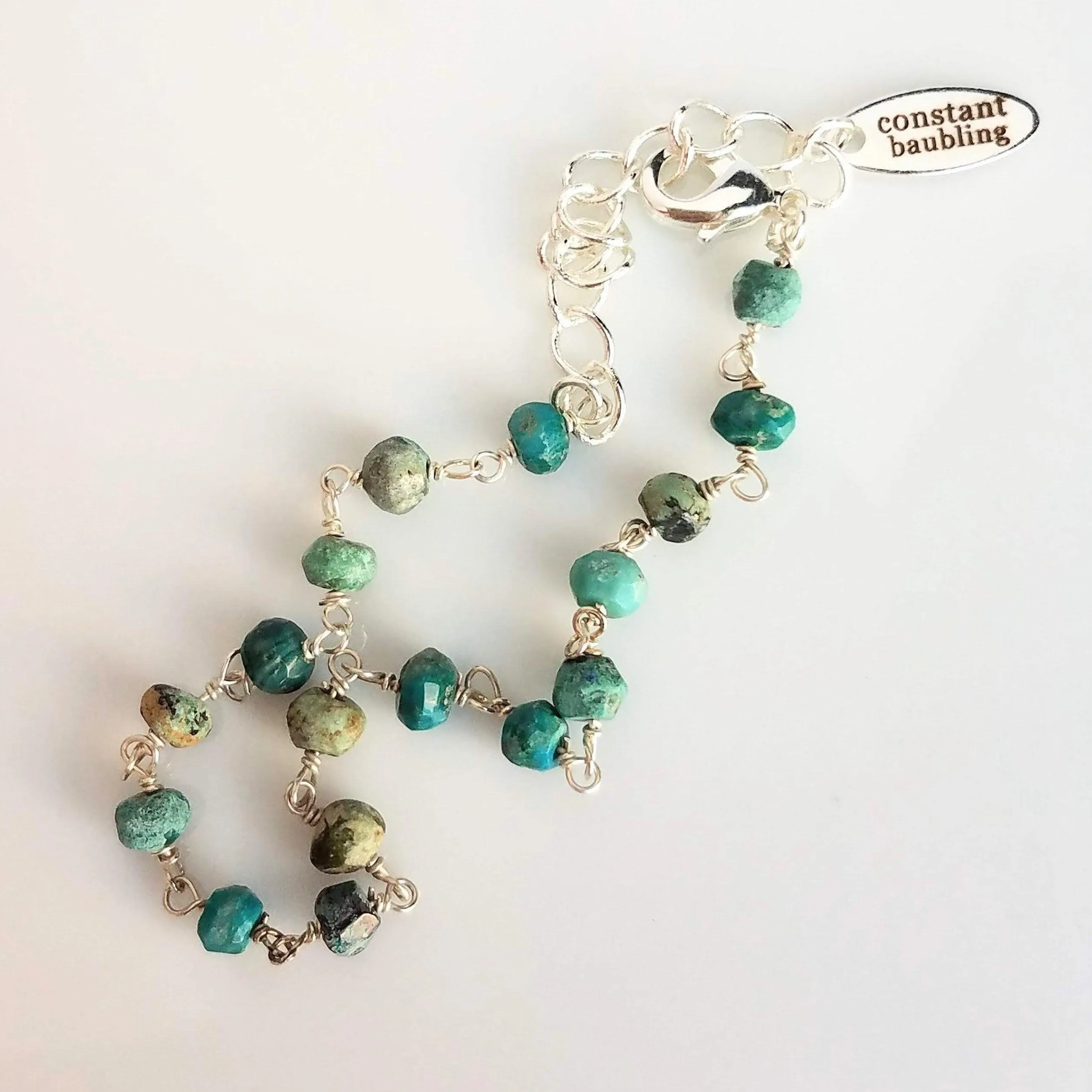 Chrysocolla Teal Stone Bracelet- tiny semi precious gemstones w/ adjustable silver chain, blue green aqua brown little beads