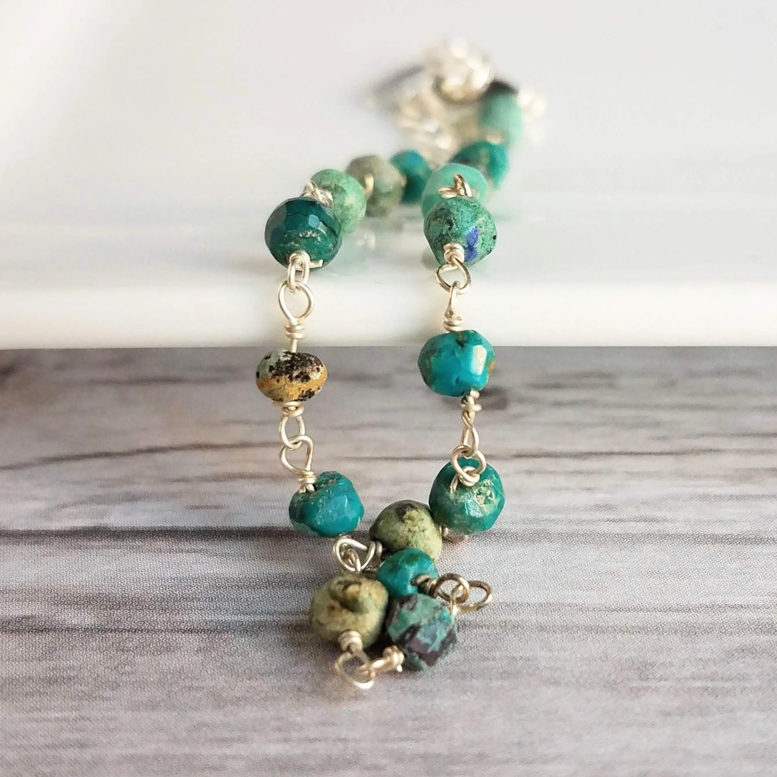 Chrysocolla Teal Stone Bracelet- tiny semi precious gemstones w/ adjustable silver chain, blue green aqua brown little beads