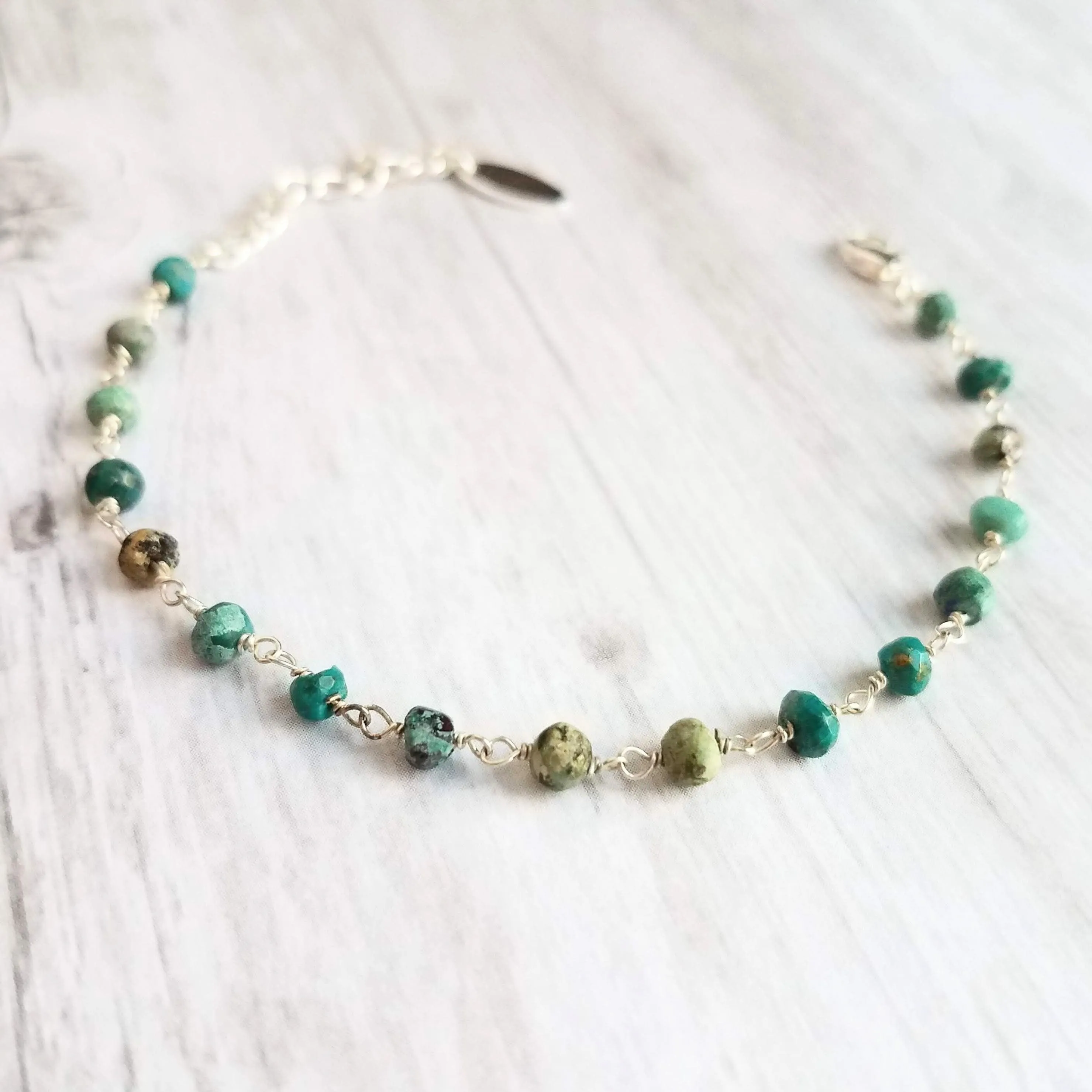 Chrysocolla Teal Stone Bracelet- tiny semi precious gemstones w/ adjustable silver chain, blue green aqua brown little beads