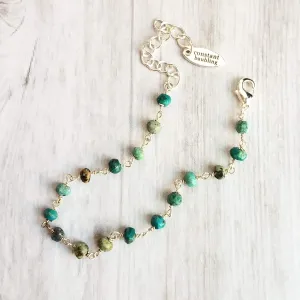 Chrysocolla Teal Stone Bracelet- tiny semi precious gemstones w/ adjustable silver chain, blue green aqua brown little beads