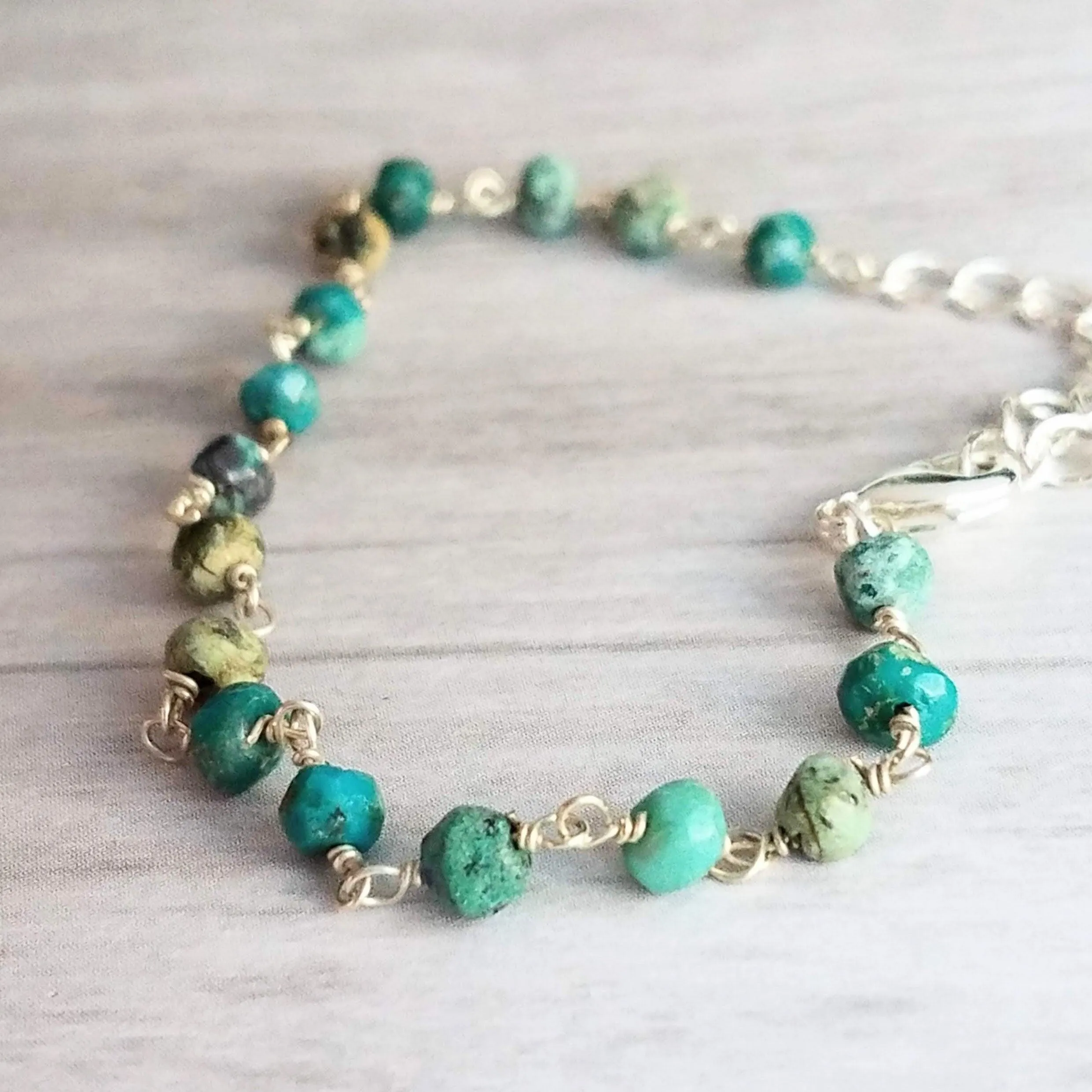 Chrysocolla Teal Stone Bracelet- tiny semi precious gemstones w/ adjustable silver chain, blue green aqua brown little beads