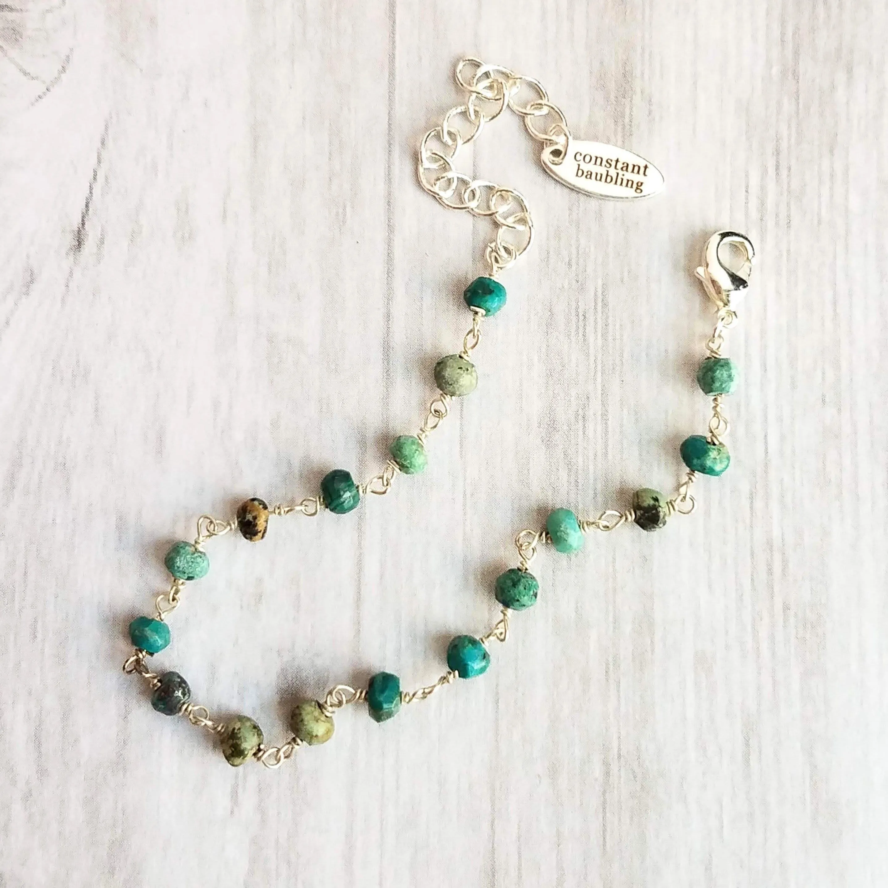 Chrysocolla Teal Stone Bracelet- tiny semi precious gemstones w/ adjustable silver chain, blue green aqua brown little beads