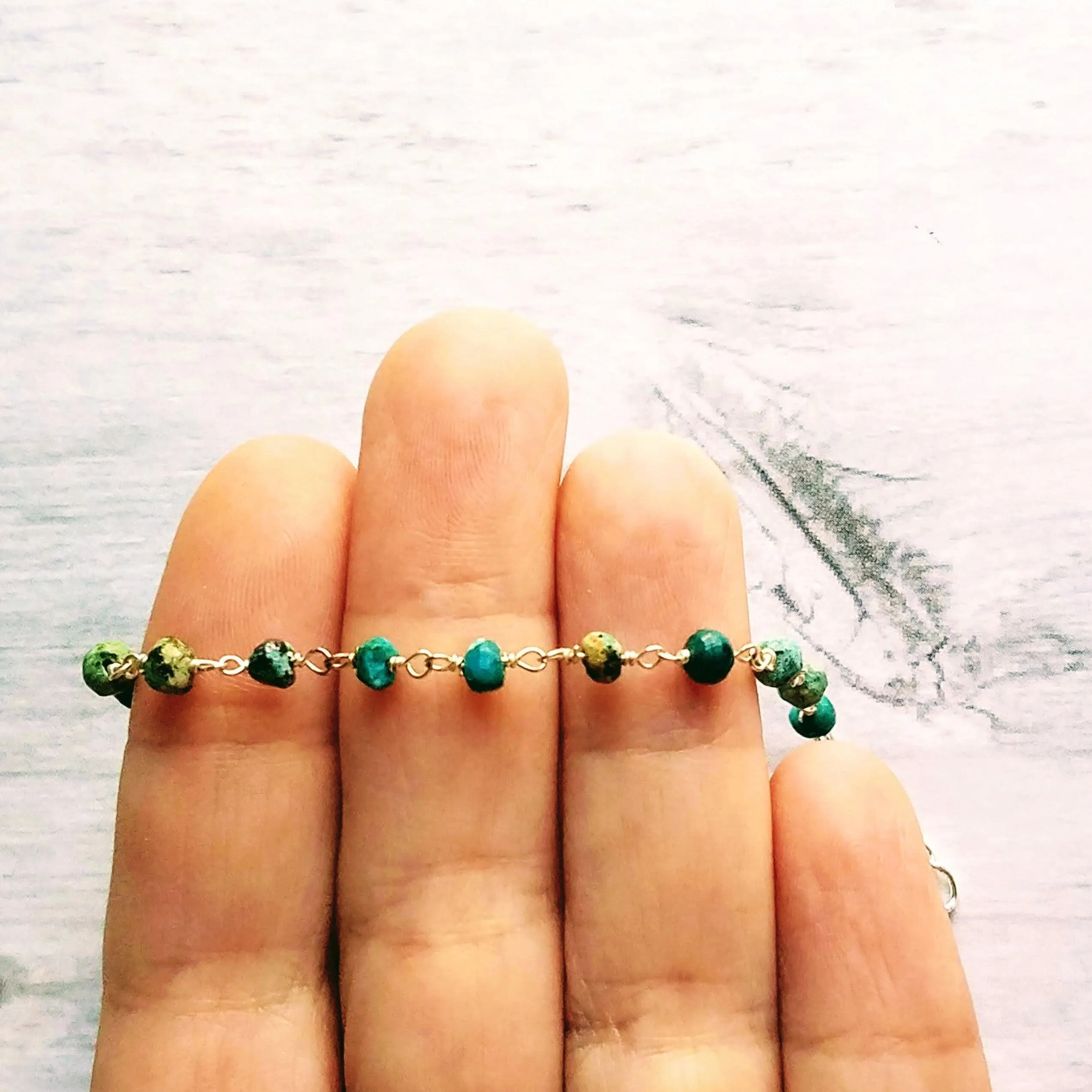 Chrysocolla Teal Stone Bracelet- tiny semi precious gemstones w/ adjustable silver chain, blue green aqua brown little beads