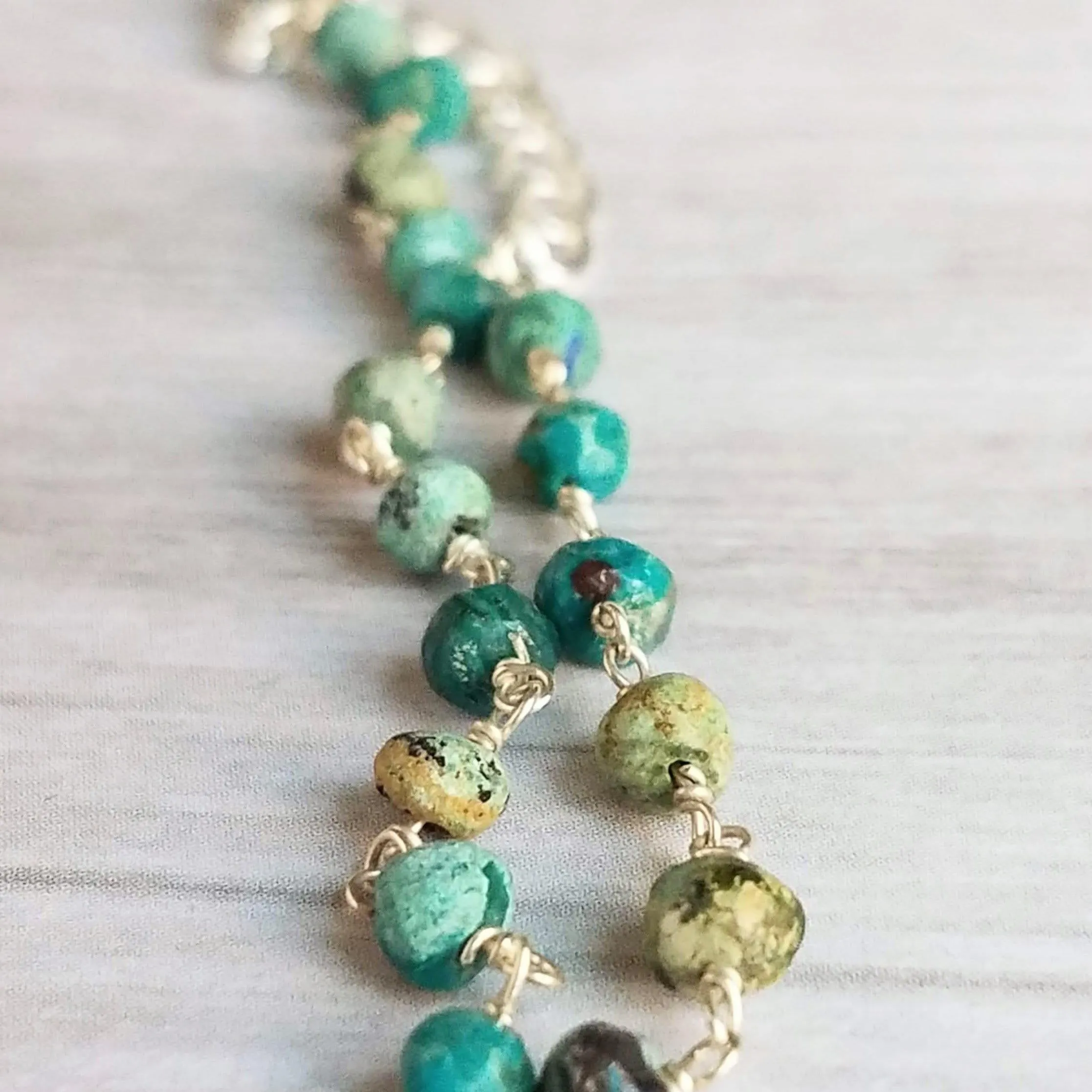Chrysocolla Teal Stone Bracelet- tiny semi precious gemstones w/ adjustable silver chain, blue green aqua brown little beads