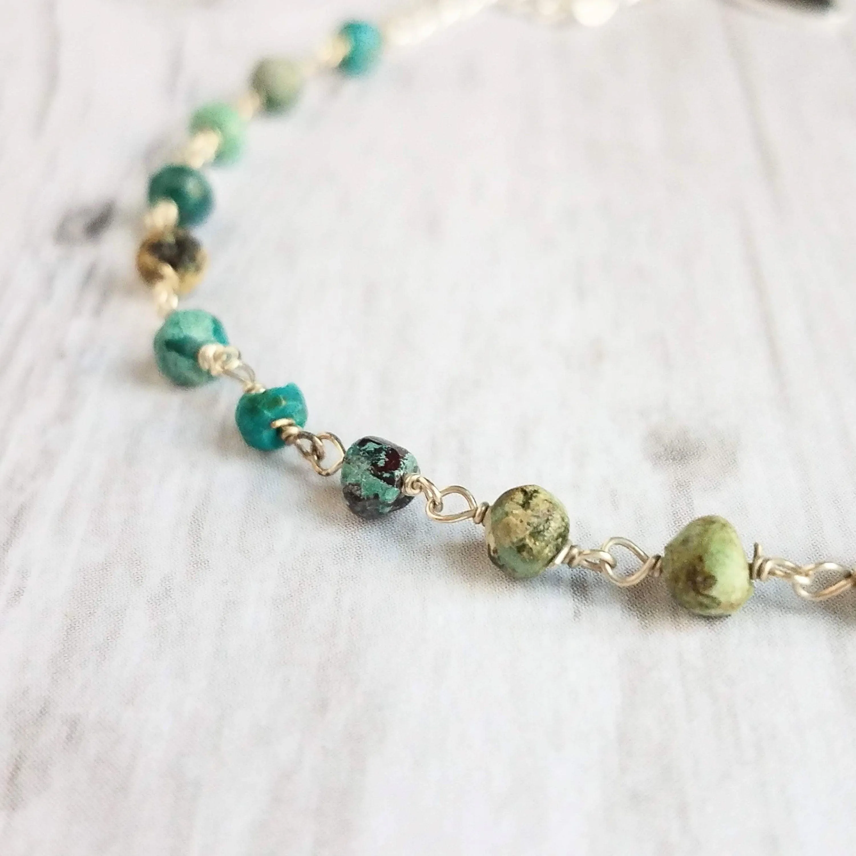 Chrysocolla Teal Stone Bracelet- tiny semi precious gemstones w/ adjustable silver chain, blue green aqua brown little beads
