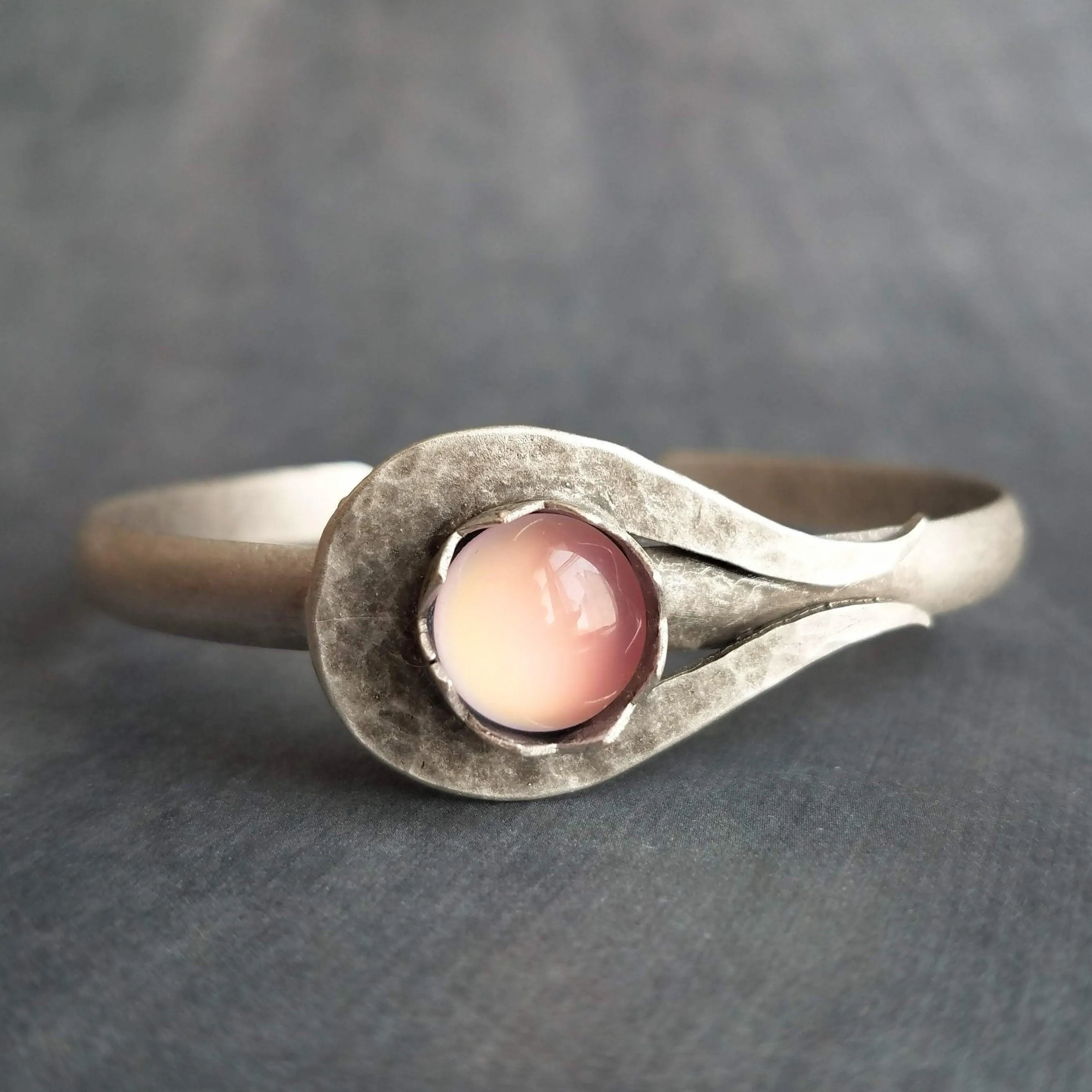 Chunky Silver Cuff Bracelet, pink glass stone bracelet, heavy cuff, oxidized silver bracelet antique silver milky pink bracelet, pink glass