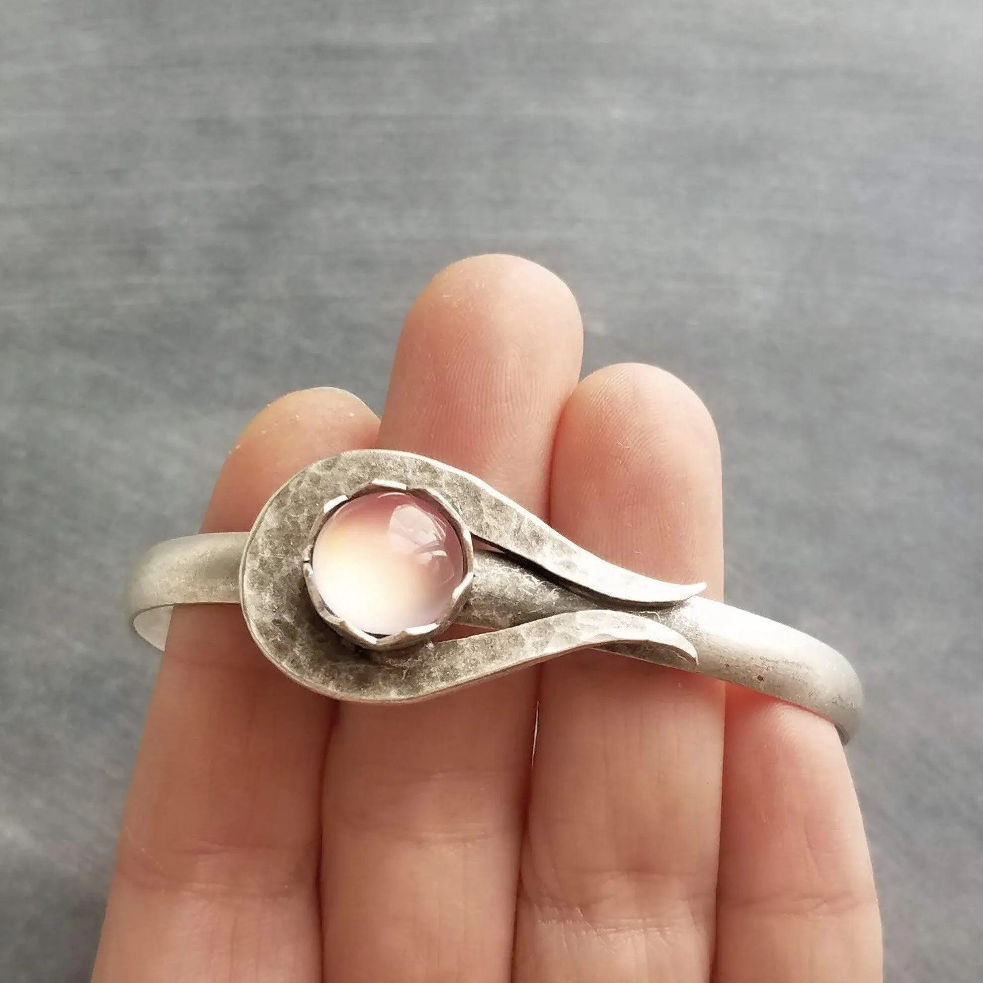 Chunky Silver Cuff Bracelet, pink glass stone bracelet, heavy cuff, oxidized silver bracelet antique silver milky pink bracelet, pink glass