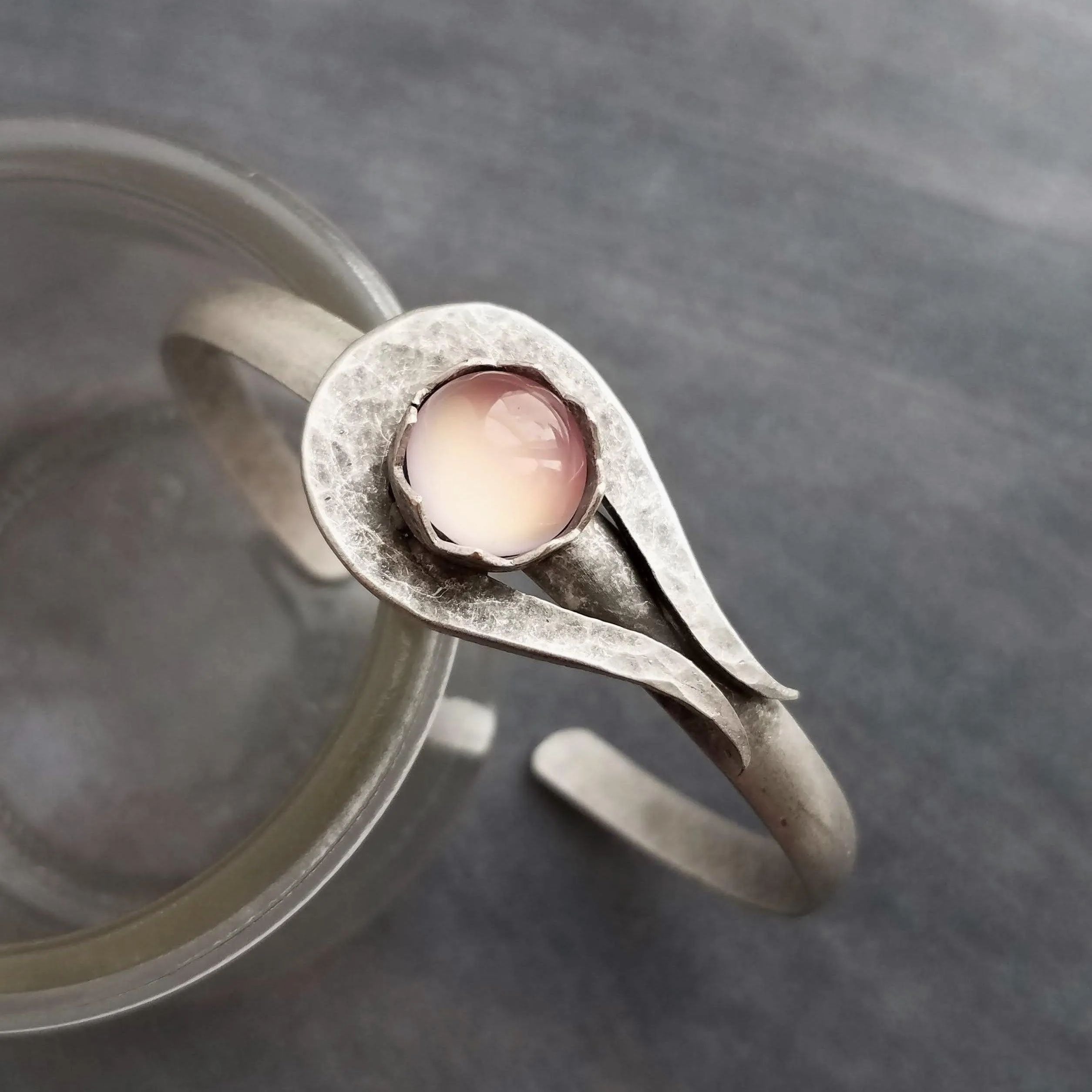 Chunky Silver Cuff Bracelet, pink glass stone bracelet, heavy cuff, oxidized silver bracelet antique silver milky pink bracelet, pink glass