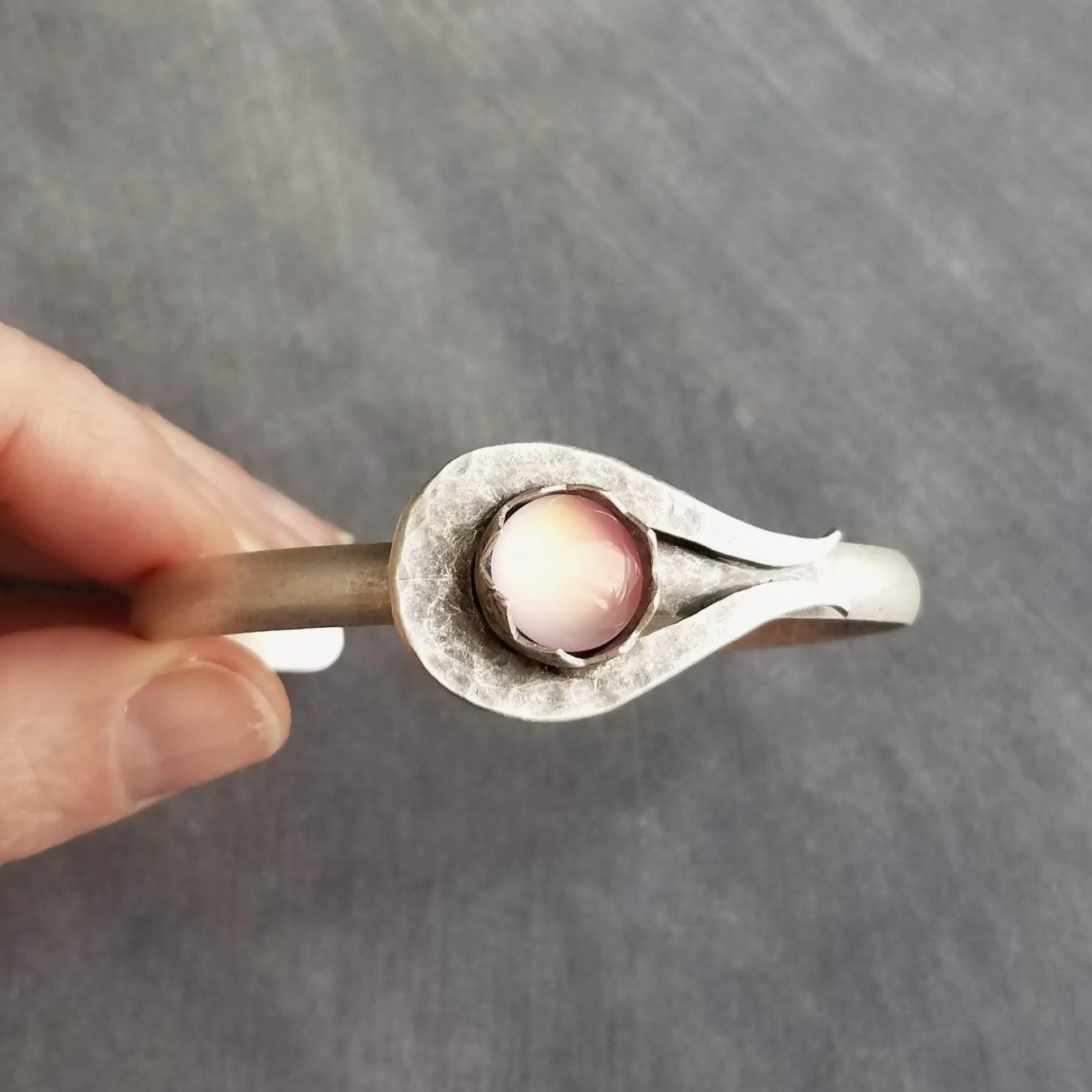 Chunky Silver Cuff Bracelet, pink glass stone bracelet, heavy cuff, oxidized silver bracelet antique silver milky pink bracelet, pink glass