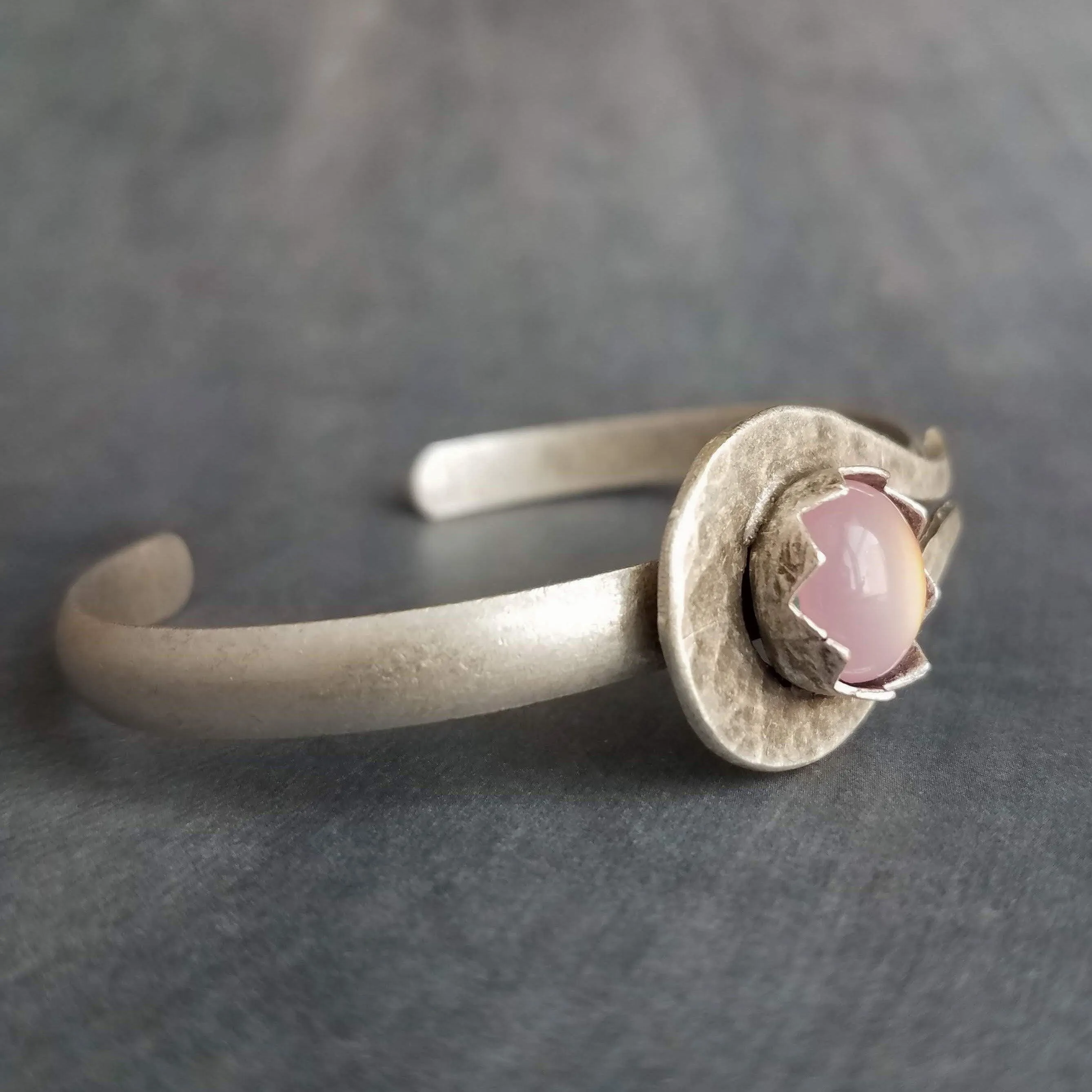 Chunky Silver Cuff Bracelet, pink glass stone bracelet, heavy cuff, oxidized silver bracelet antique silver milky pink bracelet, pink glass