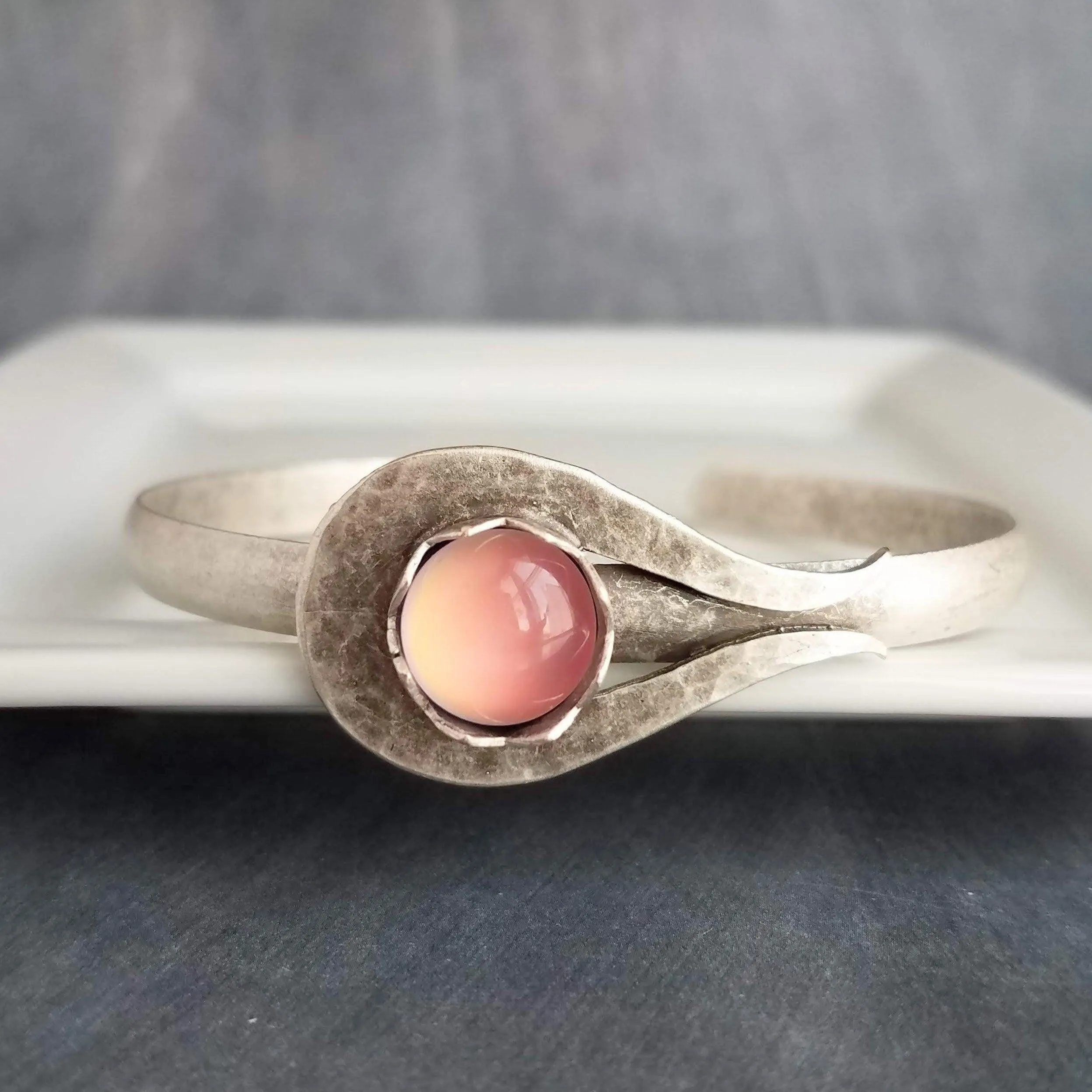 Chunky Silver Cuff Bracelet, pink glass stone bracelet, heavy cuff, oxidized silver bracelet antique silver milky pink bracelet, pink glass