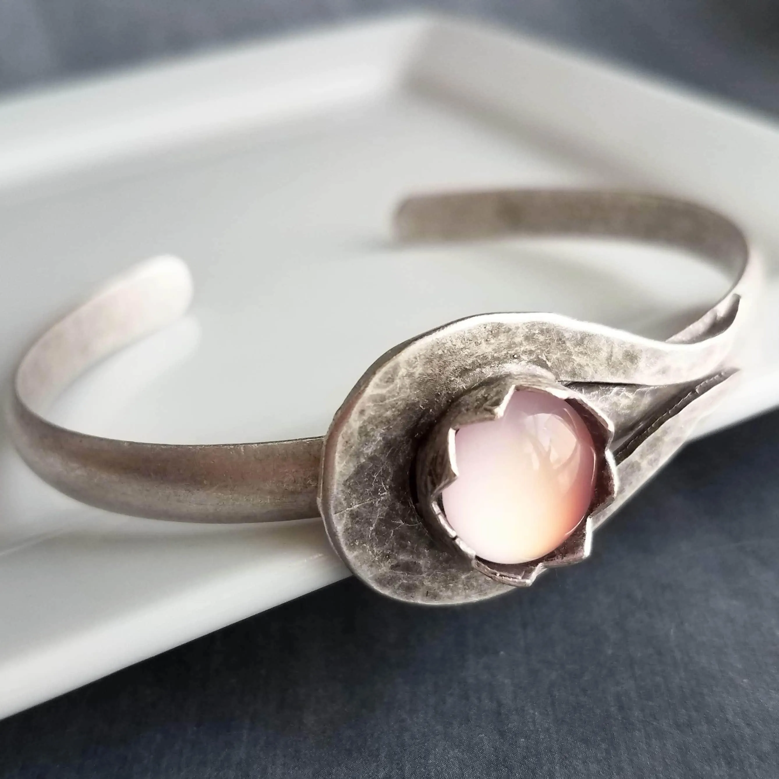 Chunky Silver Cuff Bracelet, pink glass stone bracelet, heavy cuff, oxidized silver bracelet antique silver milky pink bracelet, pink glass