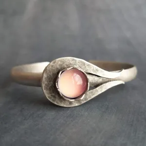 Chunky Silver Cuff Bracelet, pink glass stone bracelet, heavy cuff, oxidized silver bracelet antique silver milky pink bracelet, pink glass