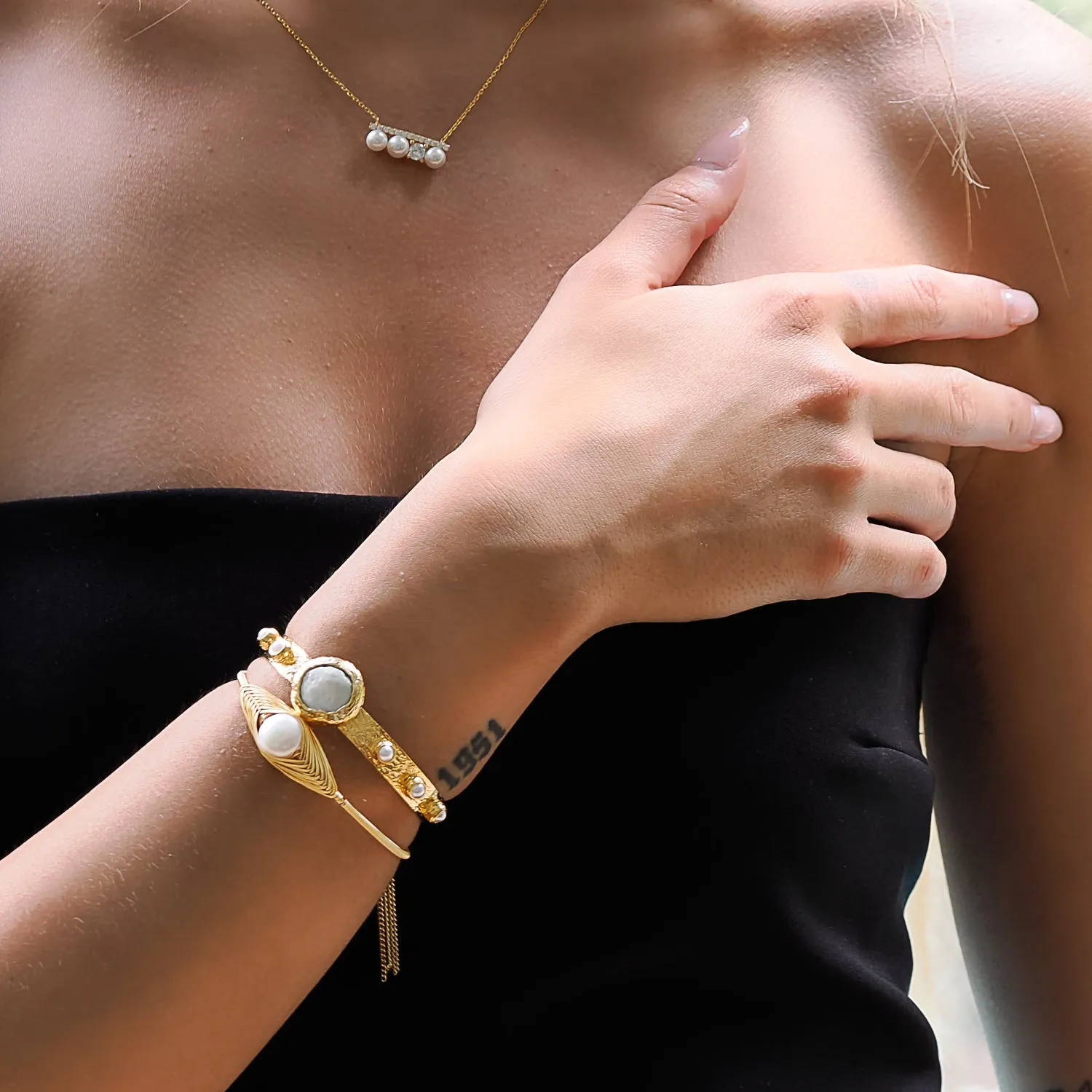 Cleopatra Gold & Pearl Stone Cuff Bracelet