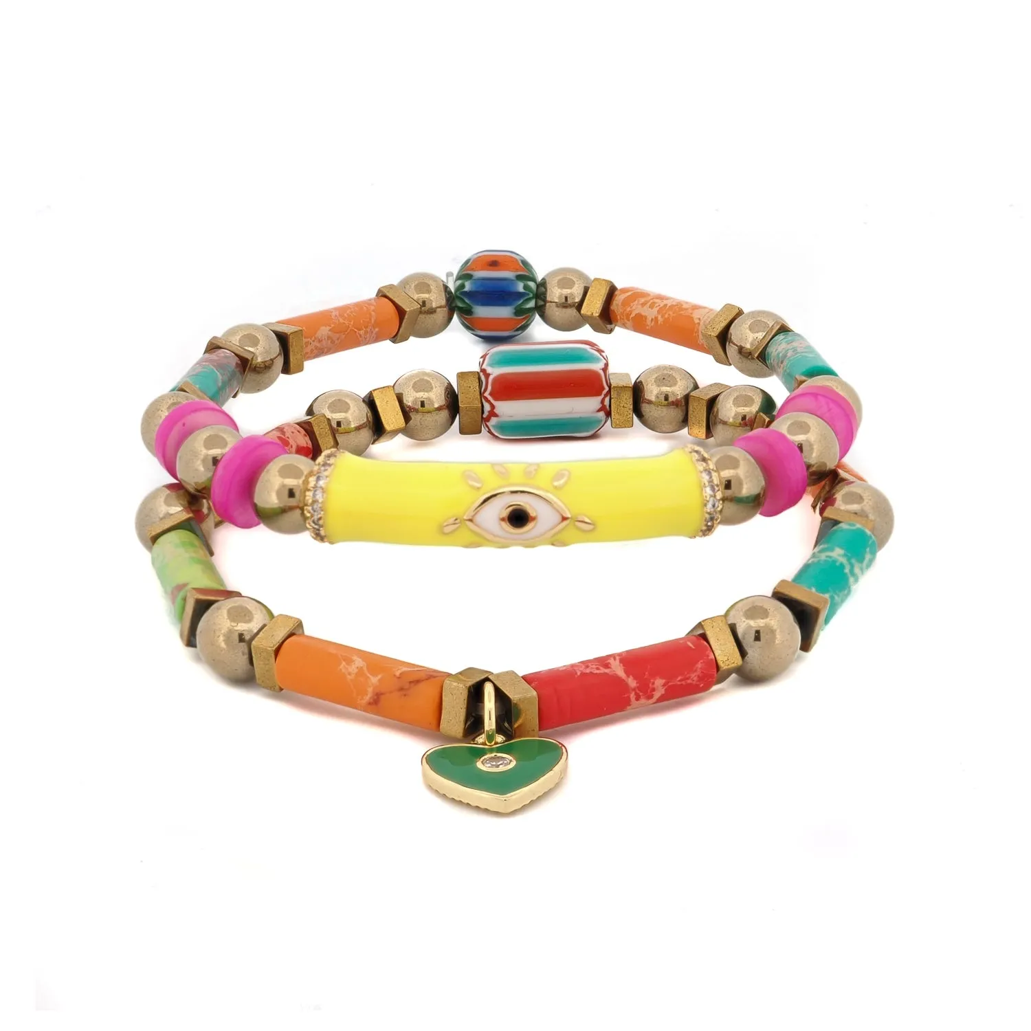Colorful Jasper Guardian Evil Eye & Heart Charm Bracelet Set