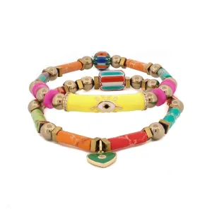 Colorful Jasper Guardian Evil Eye & Heart Charm Bracelet Set