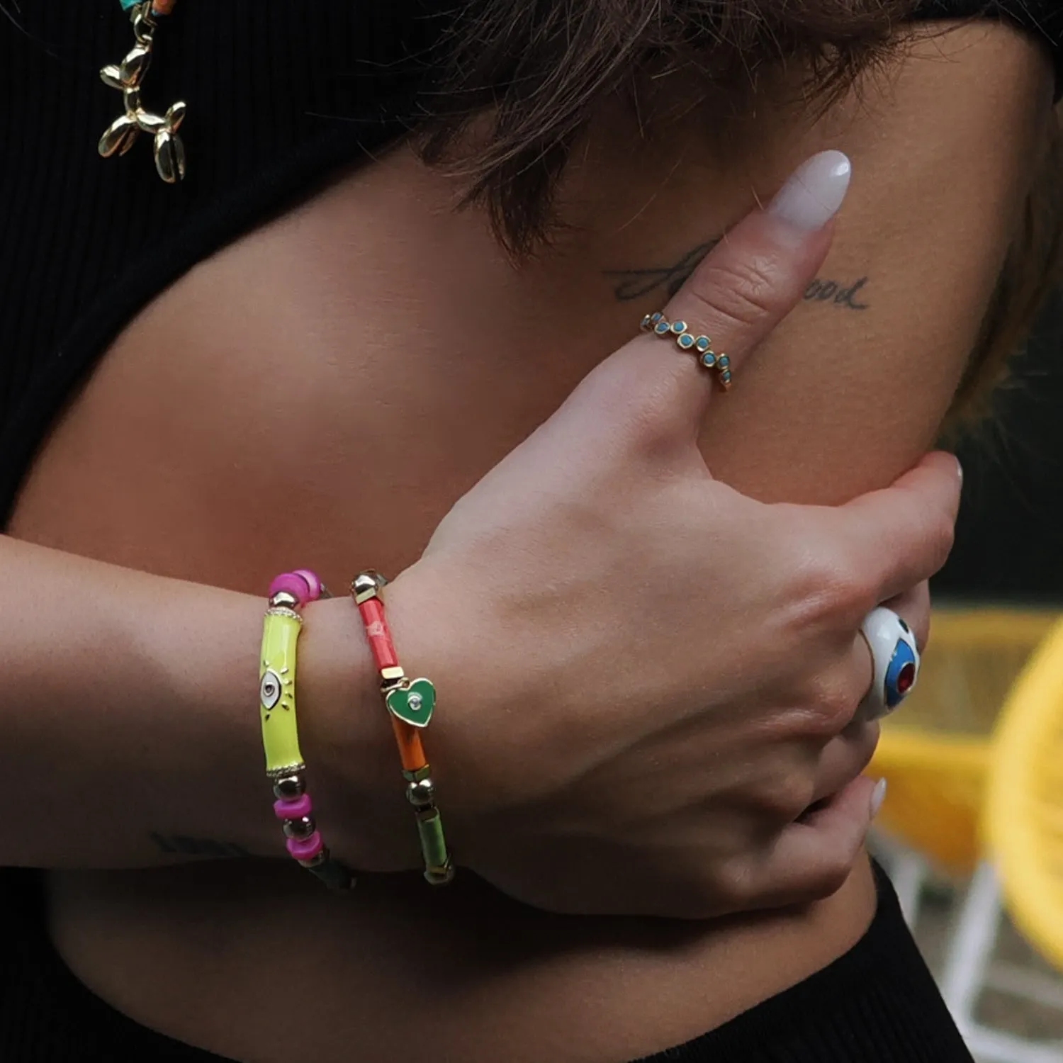 Colorful Jasper Guardian Evil Eye & Heart Charm Bracelet Set