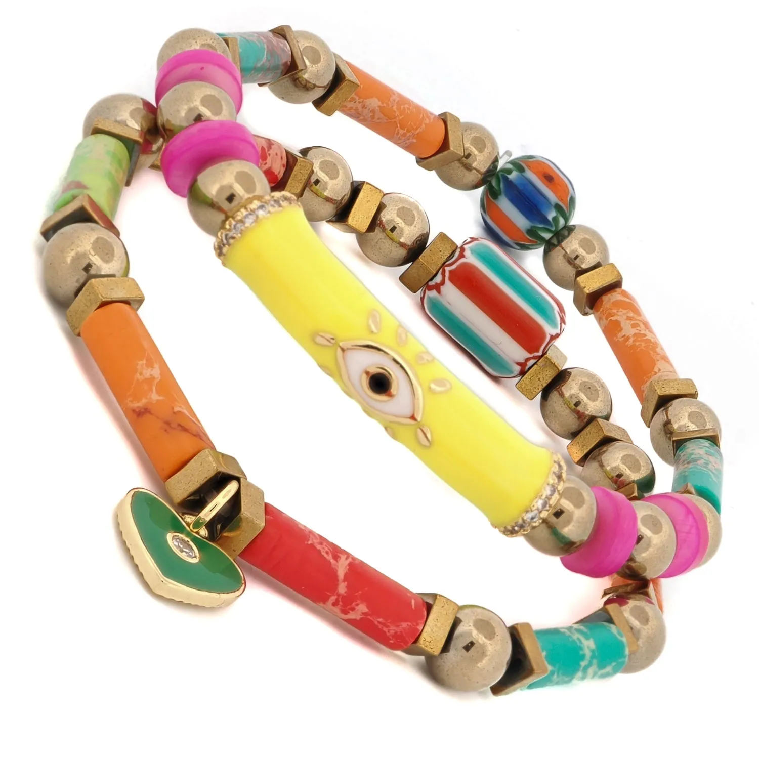 Colorful Jasper Guardian Evil Eye & Heart Charm Bracelet Set