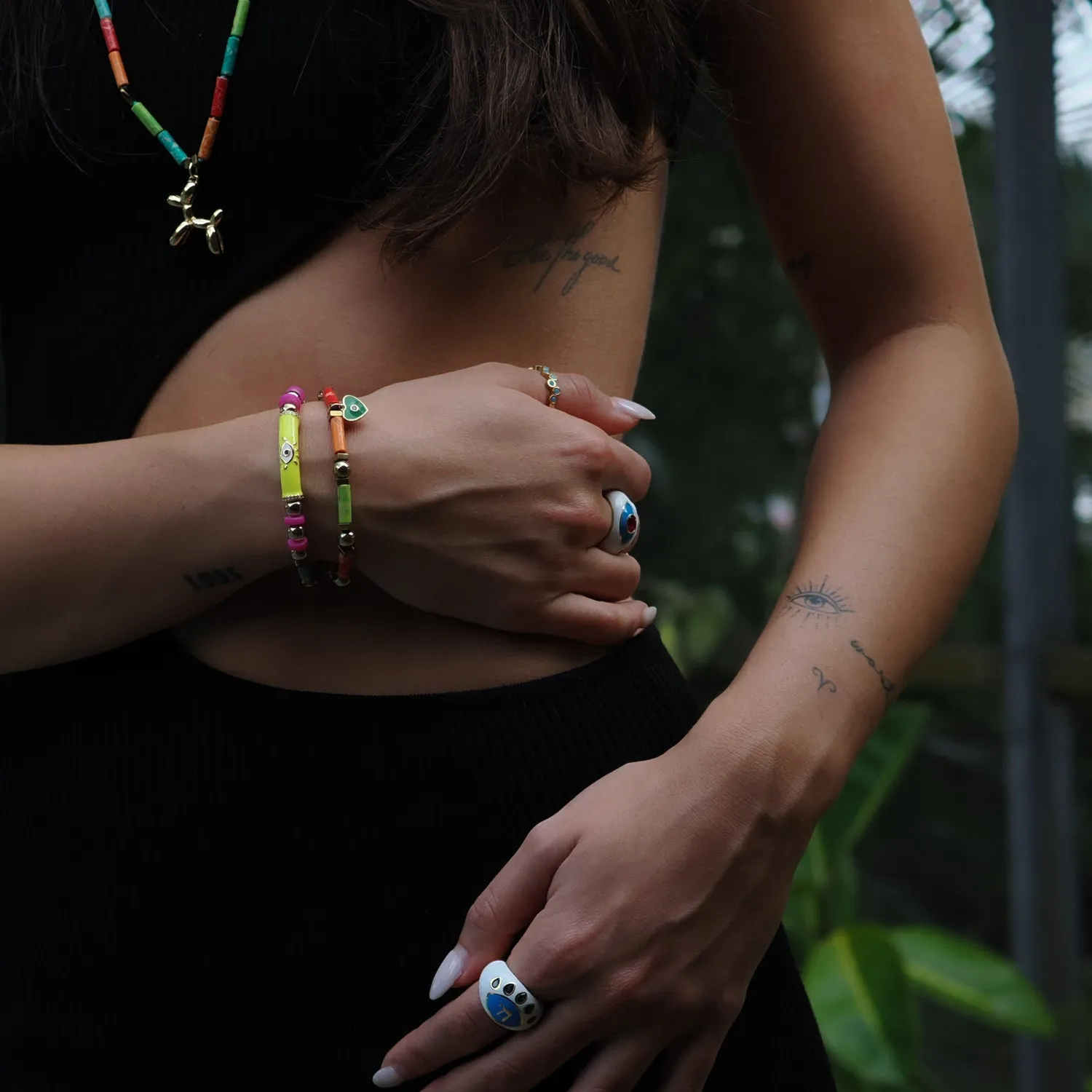 Colorful Jasper Guardian Evil Eye & Heart Charm Bracelet Set