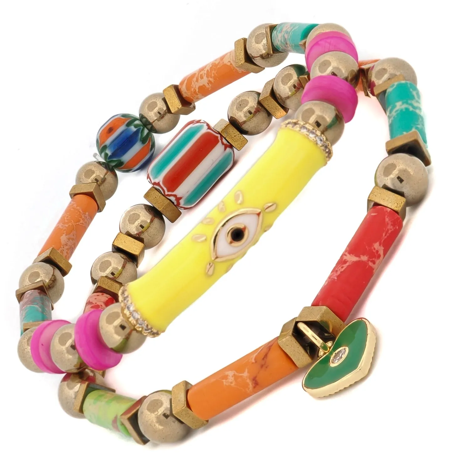 Colorful Jasper Guardian Evil Eye & Heart Charm Bracelet Set