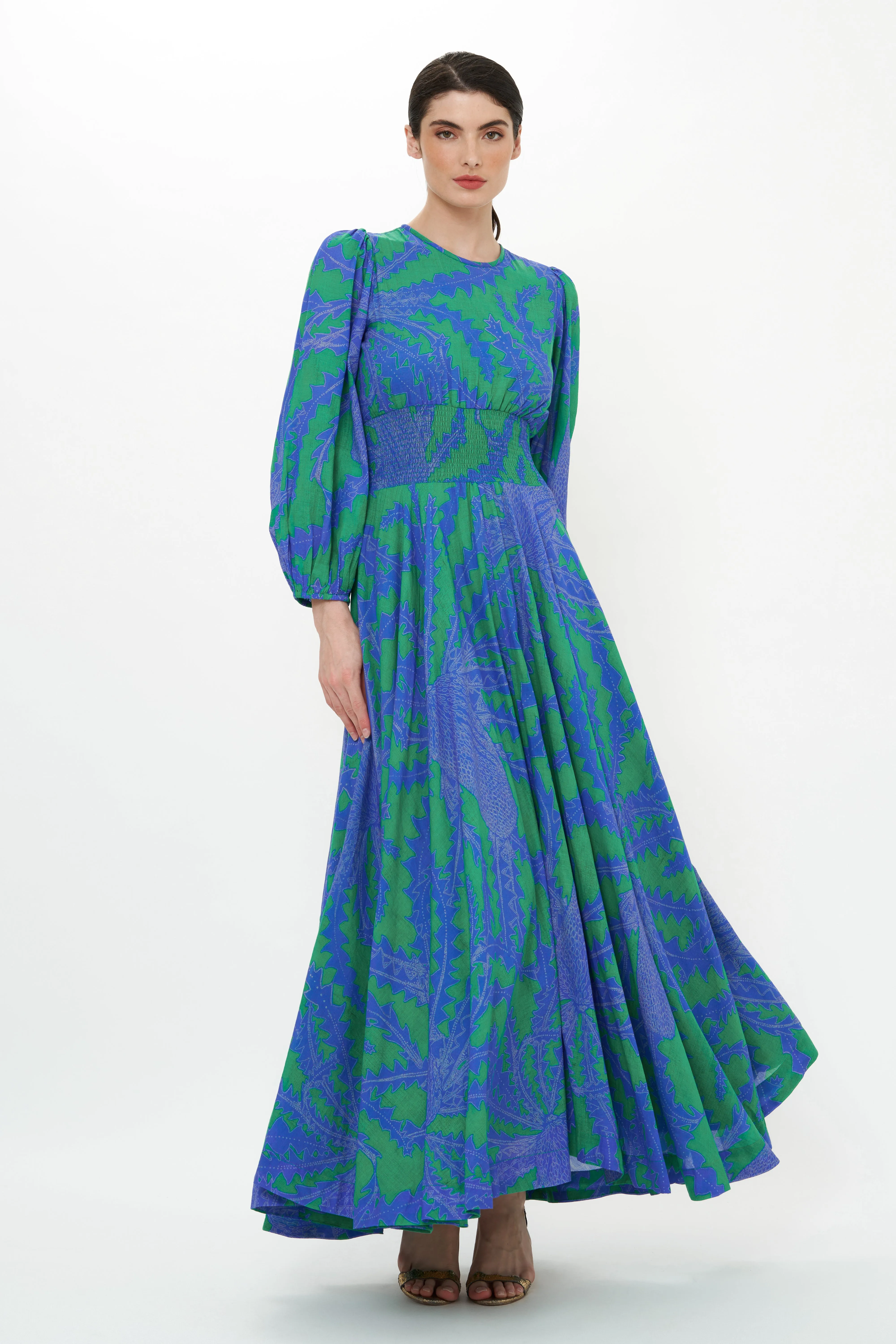 Crew Neck Smocked Waist Maxi- Thistle Green
