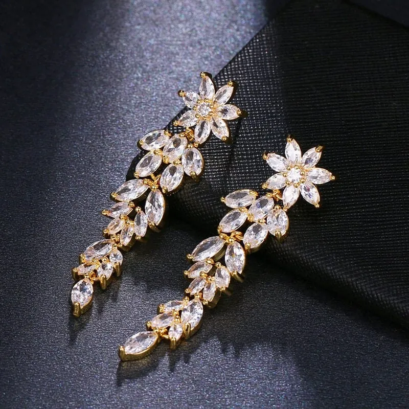 Crystal Flower Long Dangle Earrings, Wedding CZ Diamond Floral Ear Studs, Bridal Floral Crystal Earrings, Bridesmaid 14K Gold Copper Earrings
