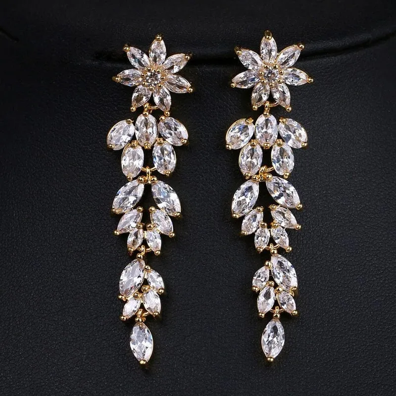 Crystal Flower Long Dangle Earrings, Wedding CZ Diamond Floral Ear Studs, Bridal Floral Crystal Earrings, Bridesmaid 14K Gold Copper Earrings