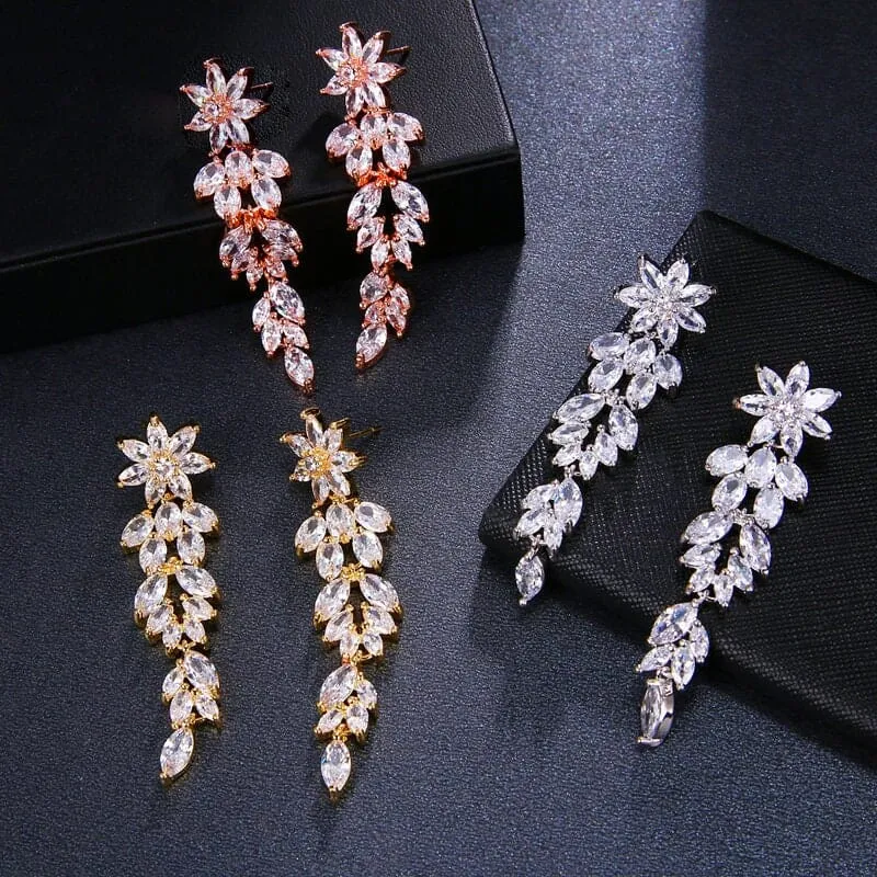 Crystal Flower Long Dangle Earrings, Wedding CZ Diamond Floral Ear Studs, Bridal Floral Crystal Earrings, Bridesmaid 14K Gold Copper Earrings