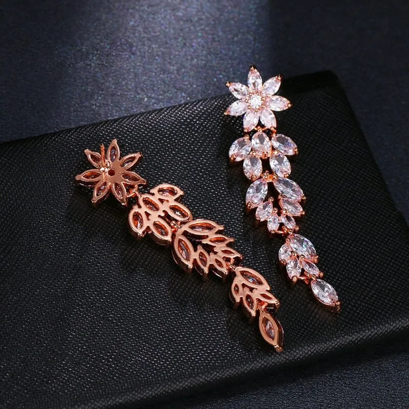 Crystal Flower Long Dangle Earrings, Wedding CZ Diamond Floral Ear Studs, Bridal Floral Crystal Earrings, Bridesmaid 14K Gold Copper Earrings