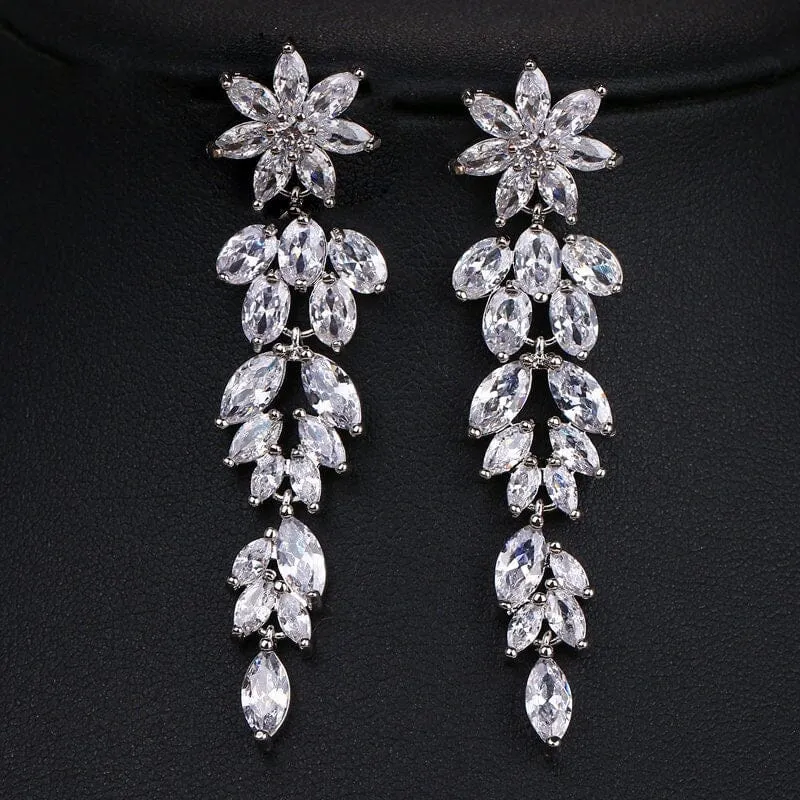 Crystal Flower Long Dangle Earrings, Wedding CZ Diamond Floral Ear Studs, Bridal Floral Crystal Earrings, Bridesmaid 14K Gold Copper Earrings