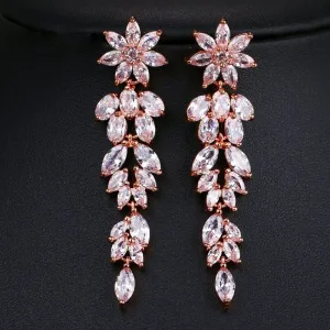 Crystal Flower Long Dangle Earrings, Wedding CZ Diamond Floral Ear Studs, Bridal Floral Crystal Earrings, Bridesmaid 14K Gold Copper Earrings