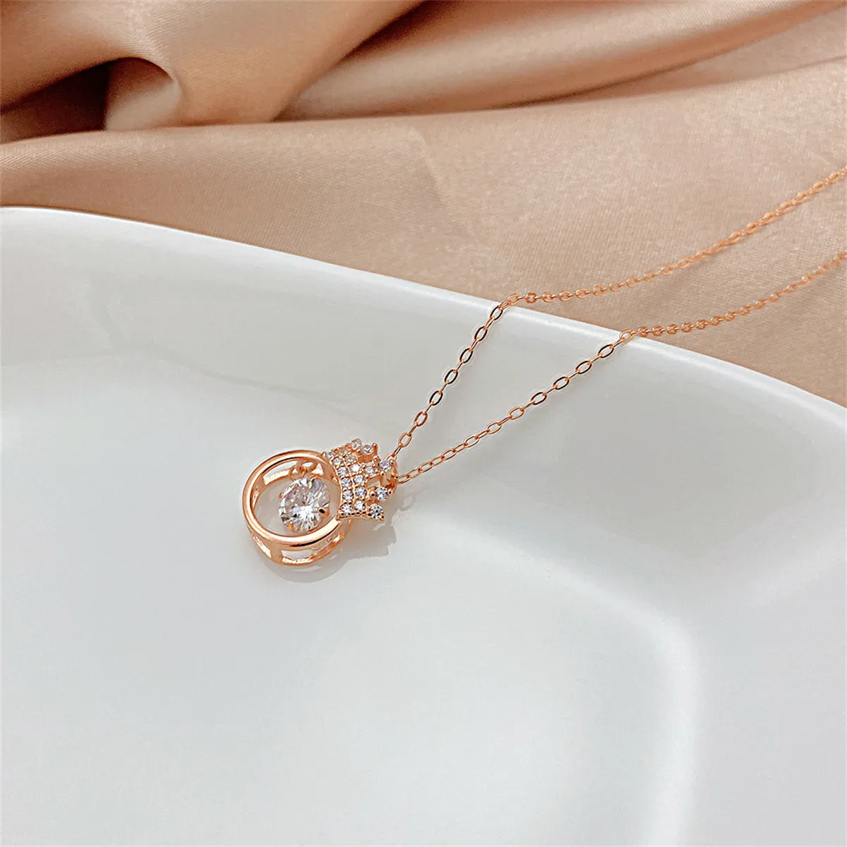 Cubic Zirconia & 18K Rose Gold-Plated Crown Pendant Necklace
