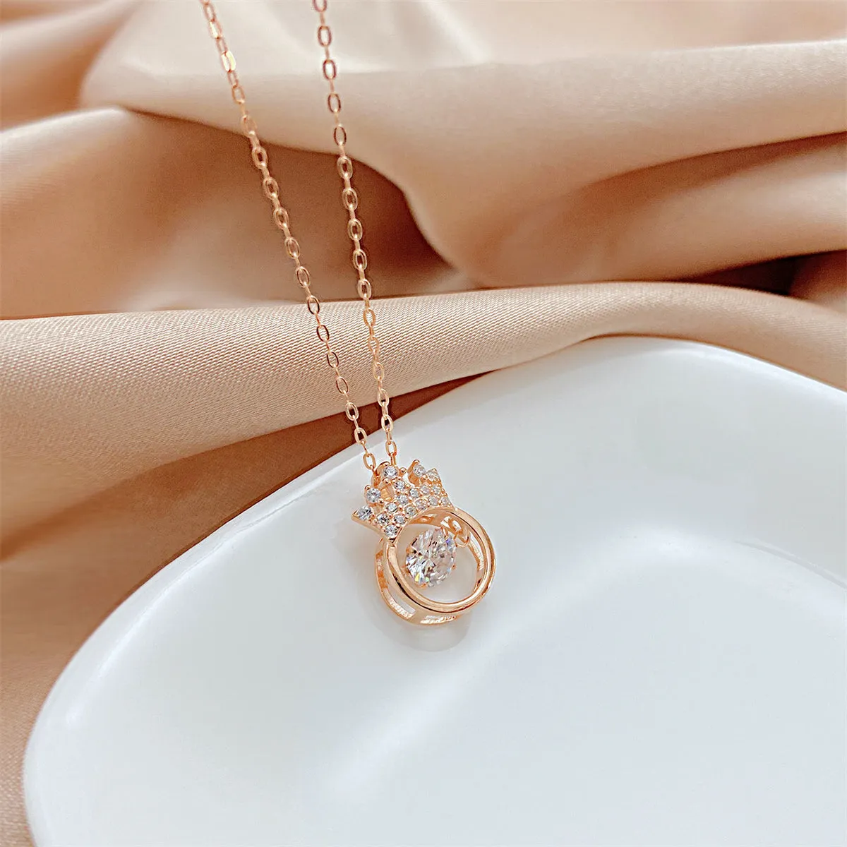 Cubic Zirconia & 18K Rose Gold-Plated Crown Pendant Necklace