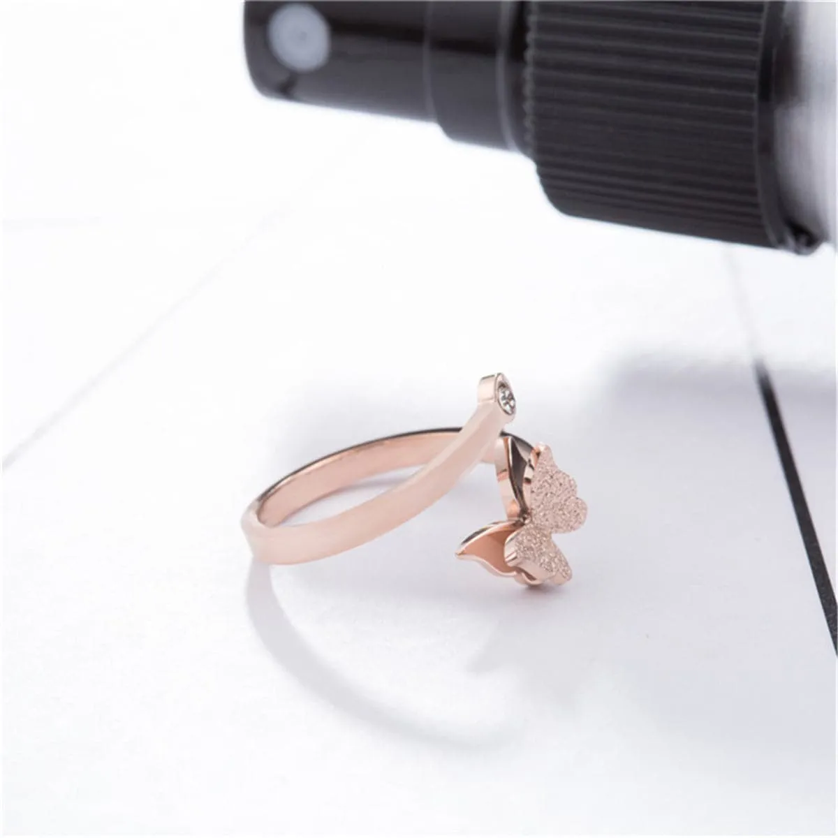Cubic Zirconia & 18K Rose Gold-Plated Frosted Butterfly Ring