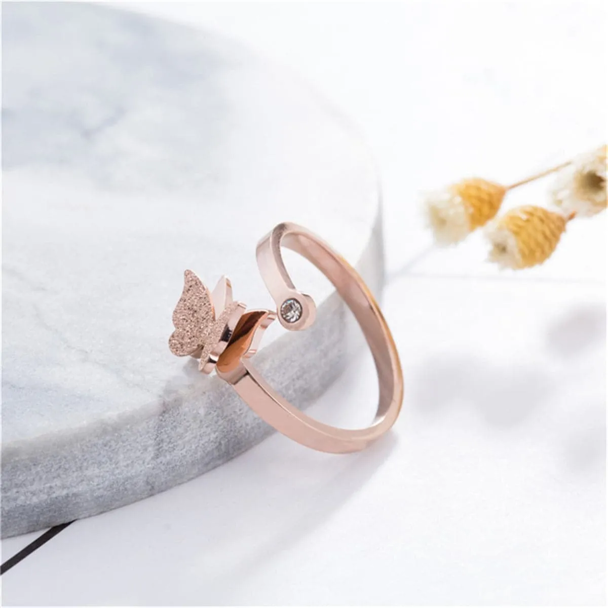 Cubic Zirconia & 18K Rose Gold-Plated Frosted Butterfly Ring