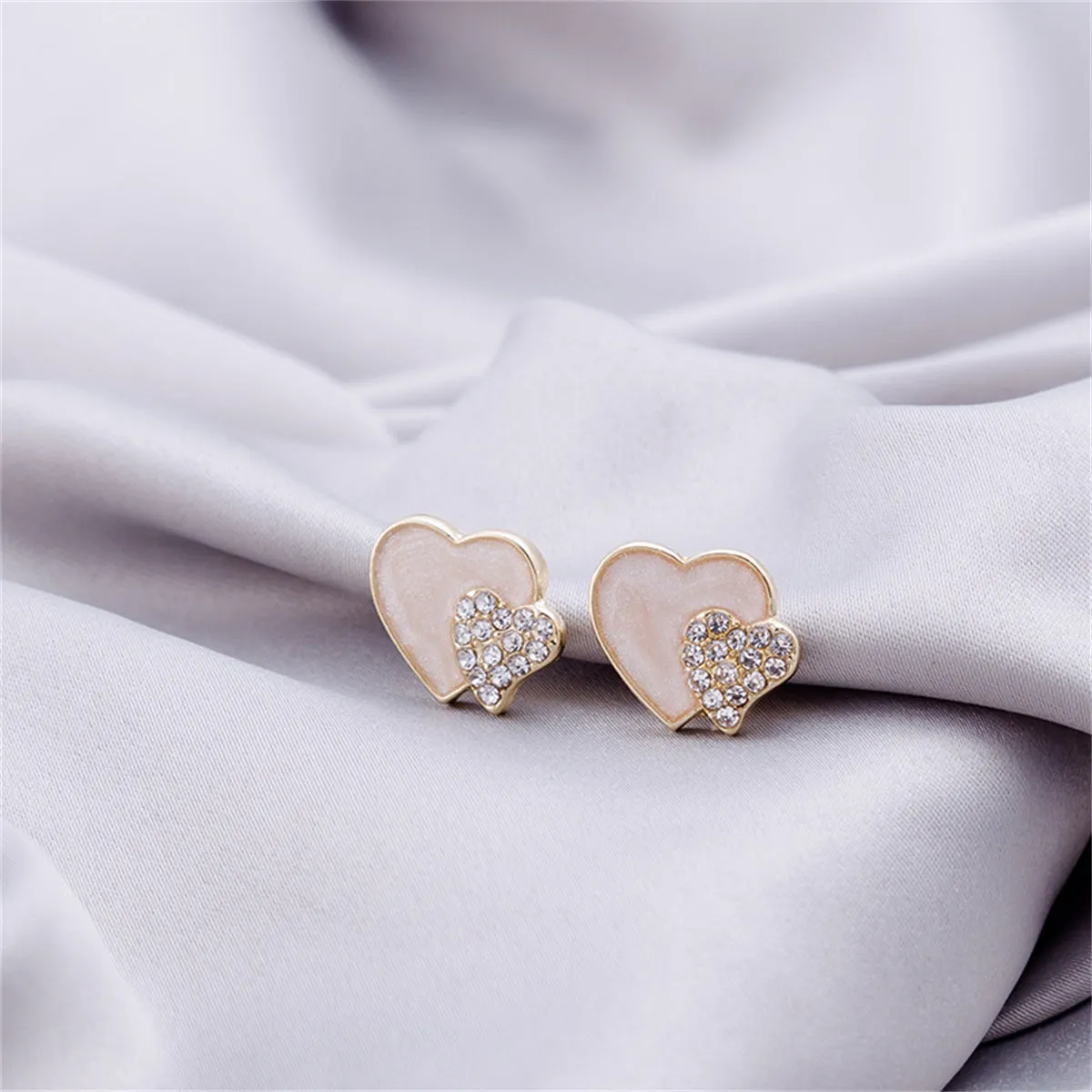 Cubic Zirconia & White Enamel Stacked Heart Stud Earrings