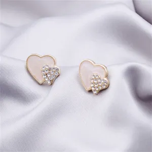 Cubic Zirconia & White Enamel Stacked Heart Stud Earrings