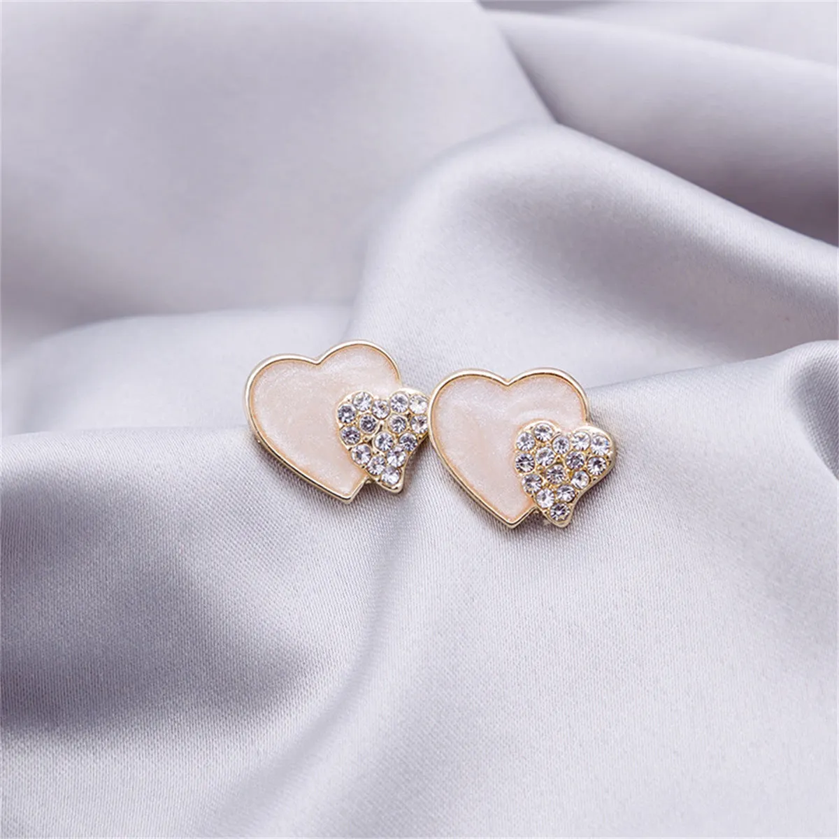 Cubic Zirconia & White Enamel Stacked Heart Stud Earrings