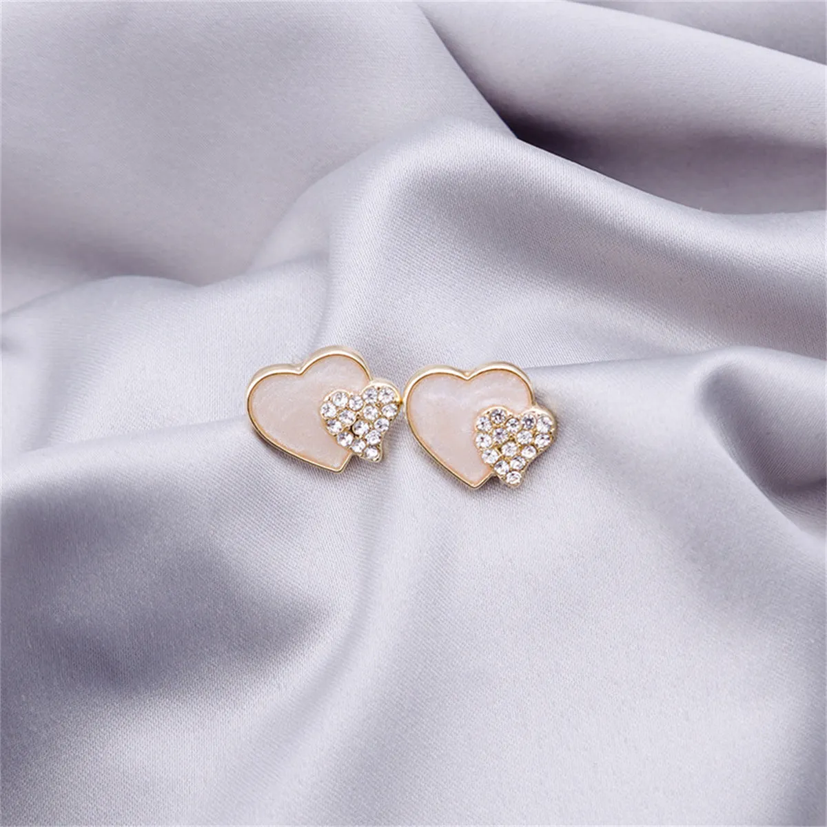 Cubic Zirconia & White Enamel Stacked Heart Stud Earrings