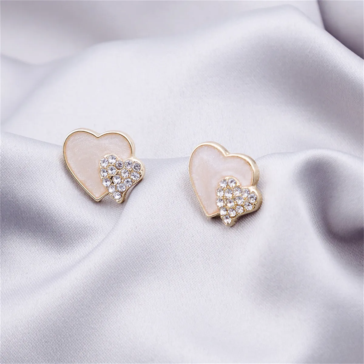 Cubic Zirconia & White Enamel Stacked Heart Stud Earrings