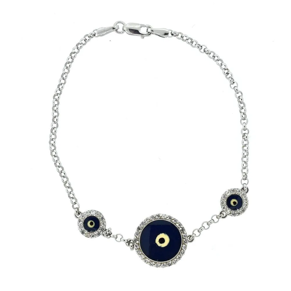 Cubic Zirconia and Enamel 'Evil Eye" Bracelet in Silver