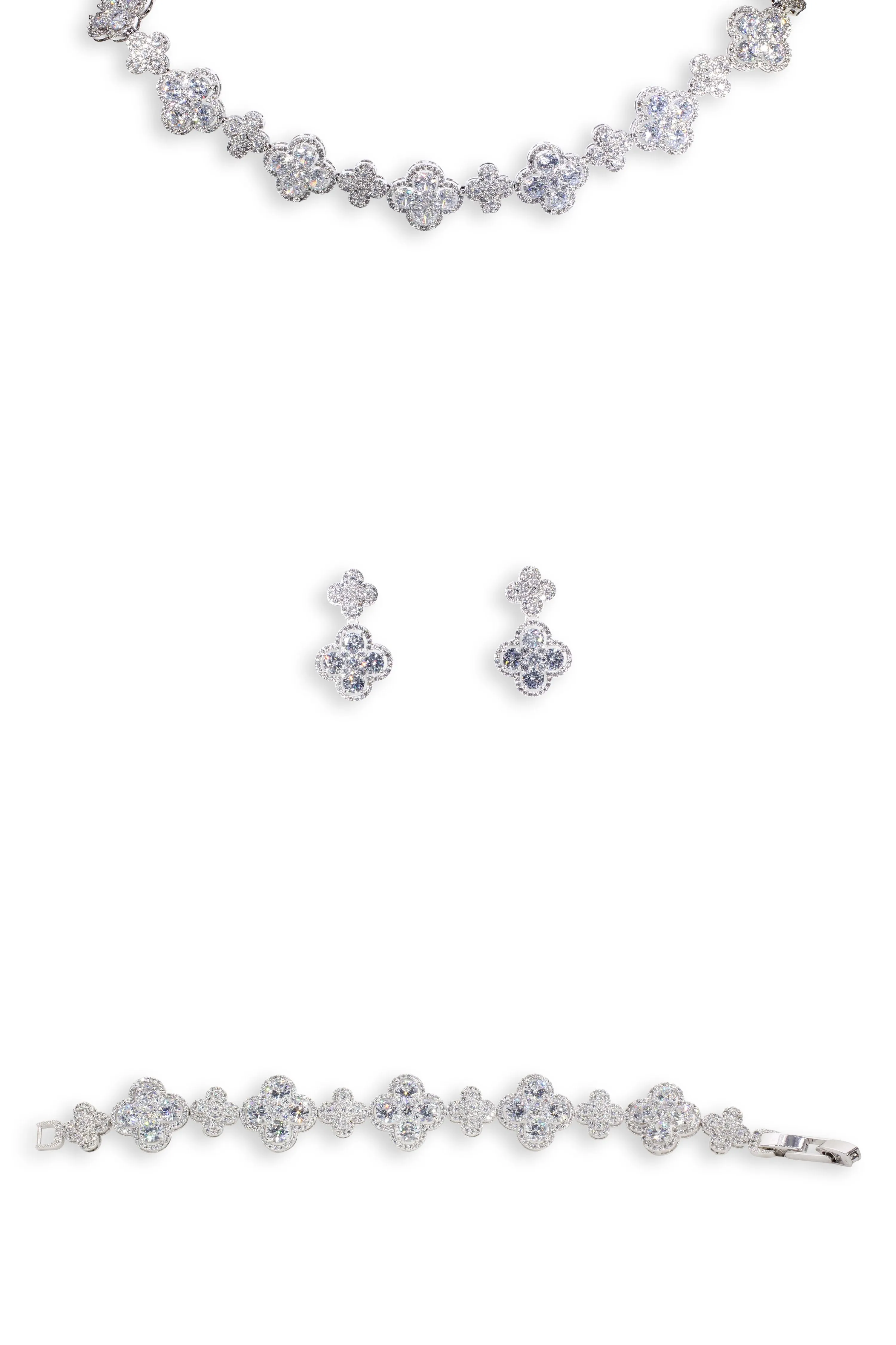Cuteness Set Flower Statement Crystal Drops in Sterling Silver (Earring, Necklace, Bracelet)