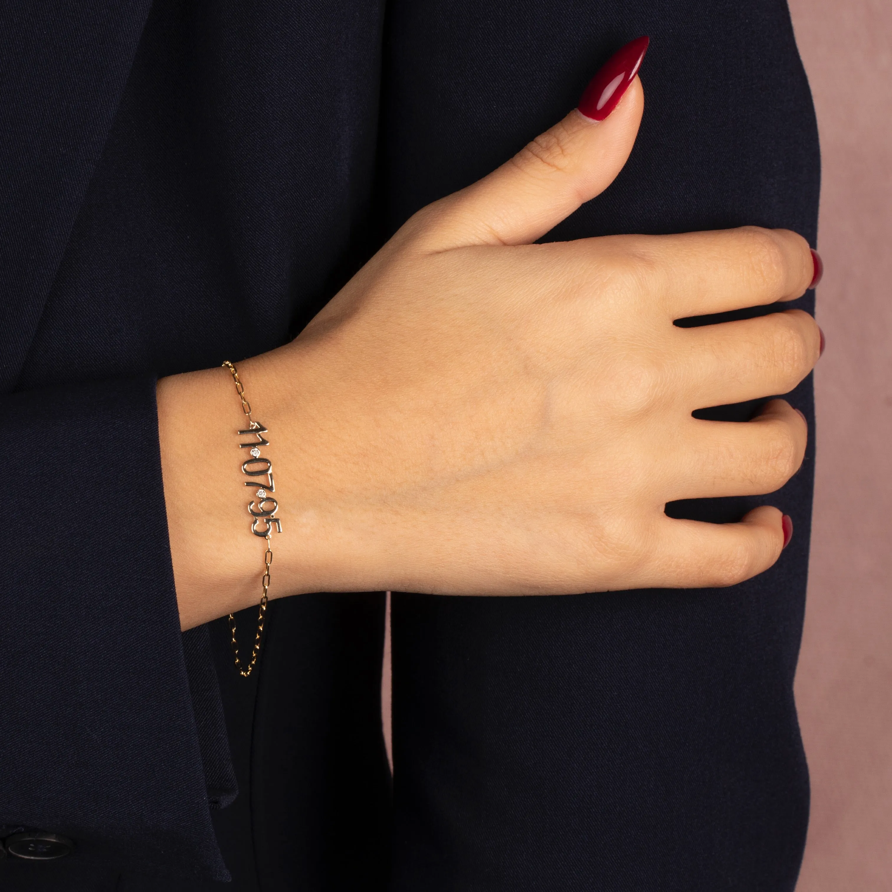 Diamond Bezel Date Nameplate Paperclip Bracelet 14K