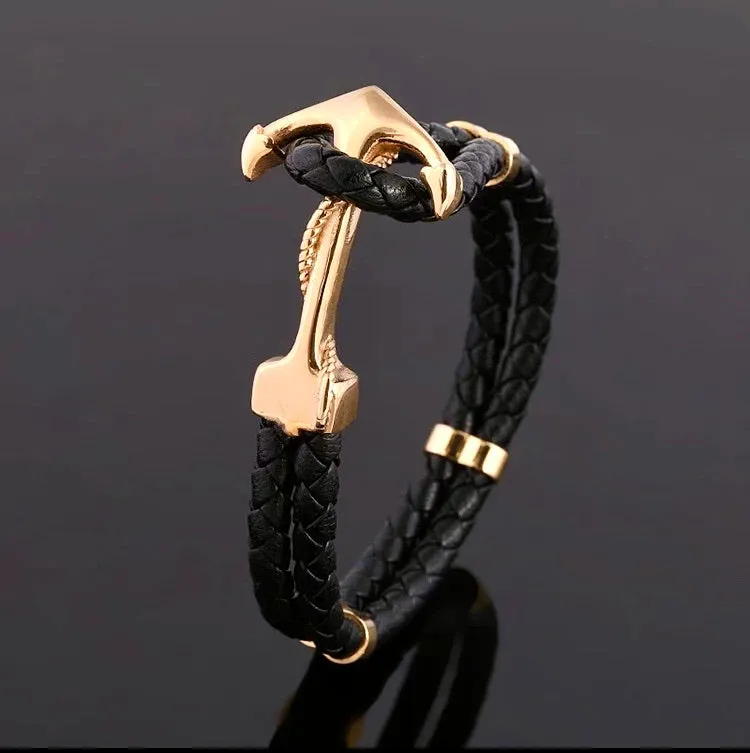 Double Black Braided Leather Gold Bracelet