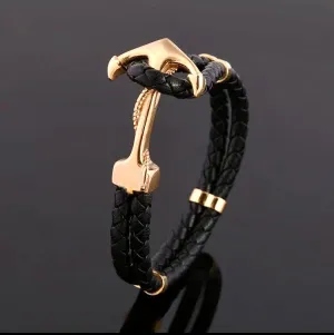 Double Black Braided Leather Gold Bracelet